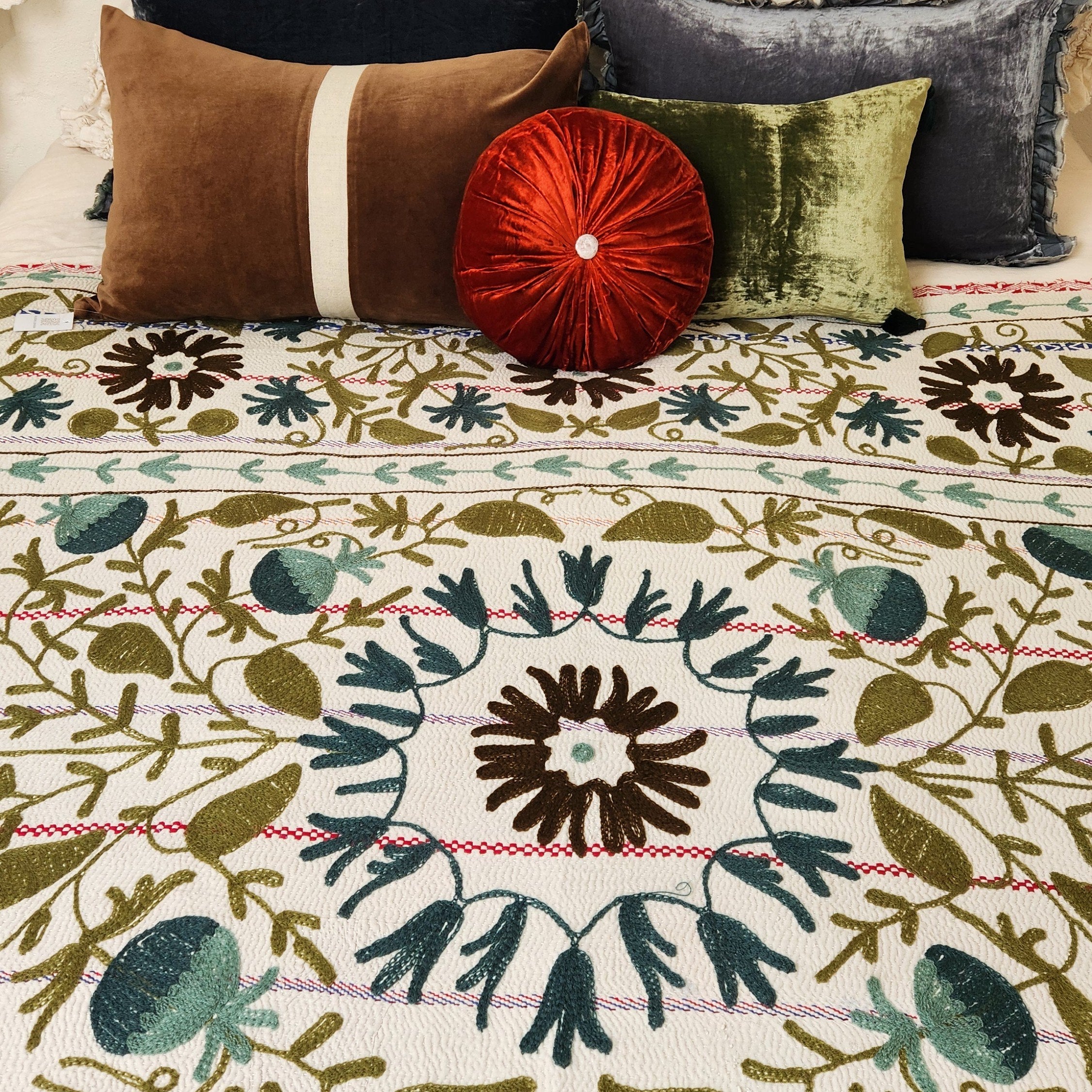 Vintage Suzani Kantha Throw - Olive, Teal & Brown