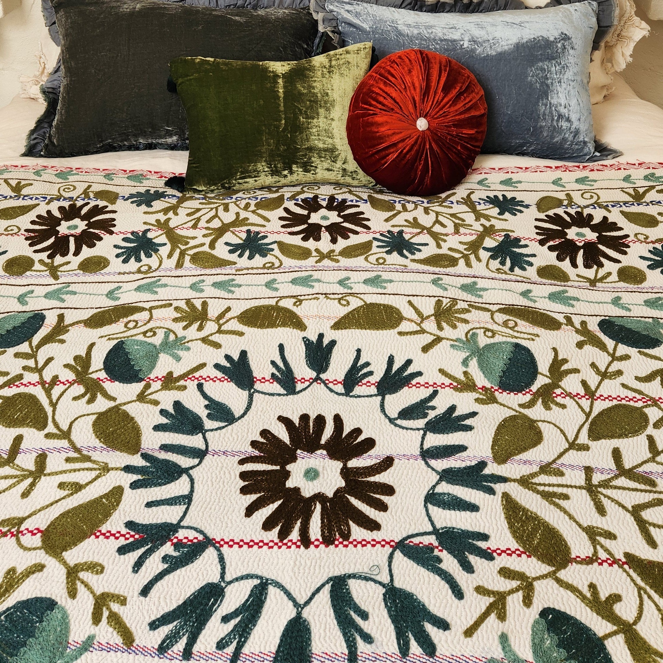 Vintage Suzani Kantha Throw - Olive, Teal & Brown