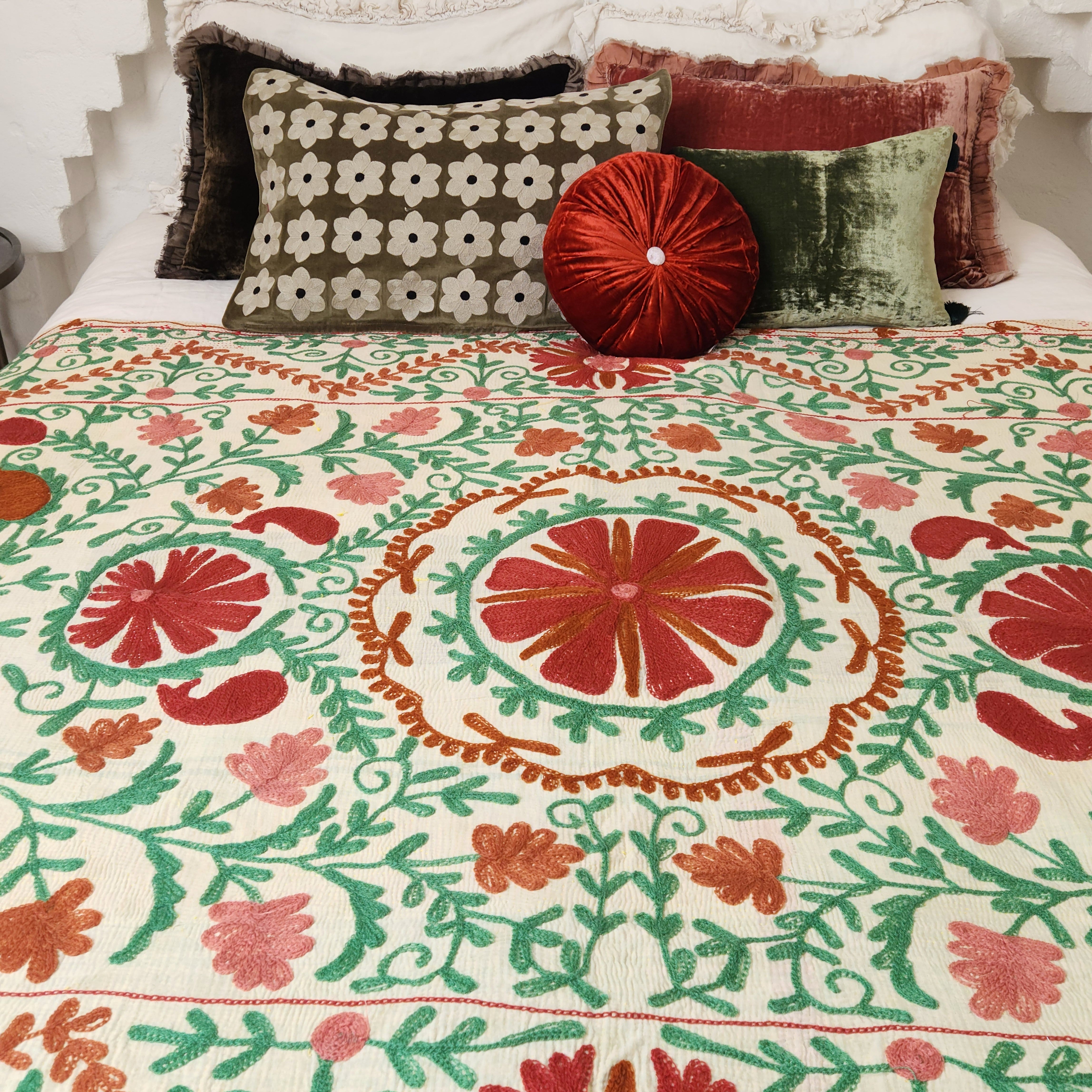 Vintage Suzani Kantha Throw - Tan, Rose & Green