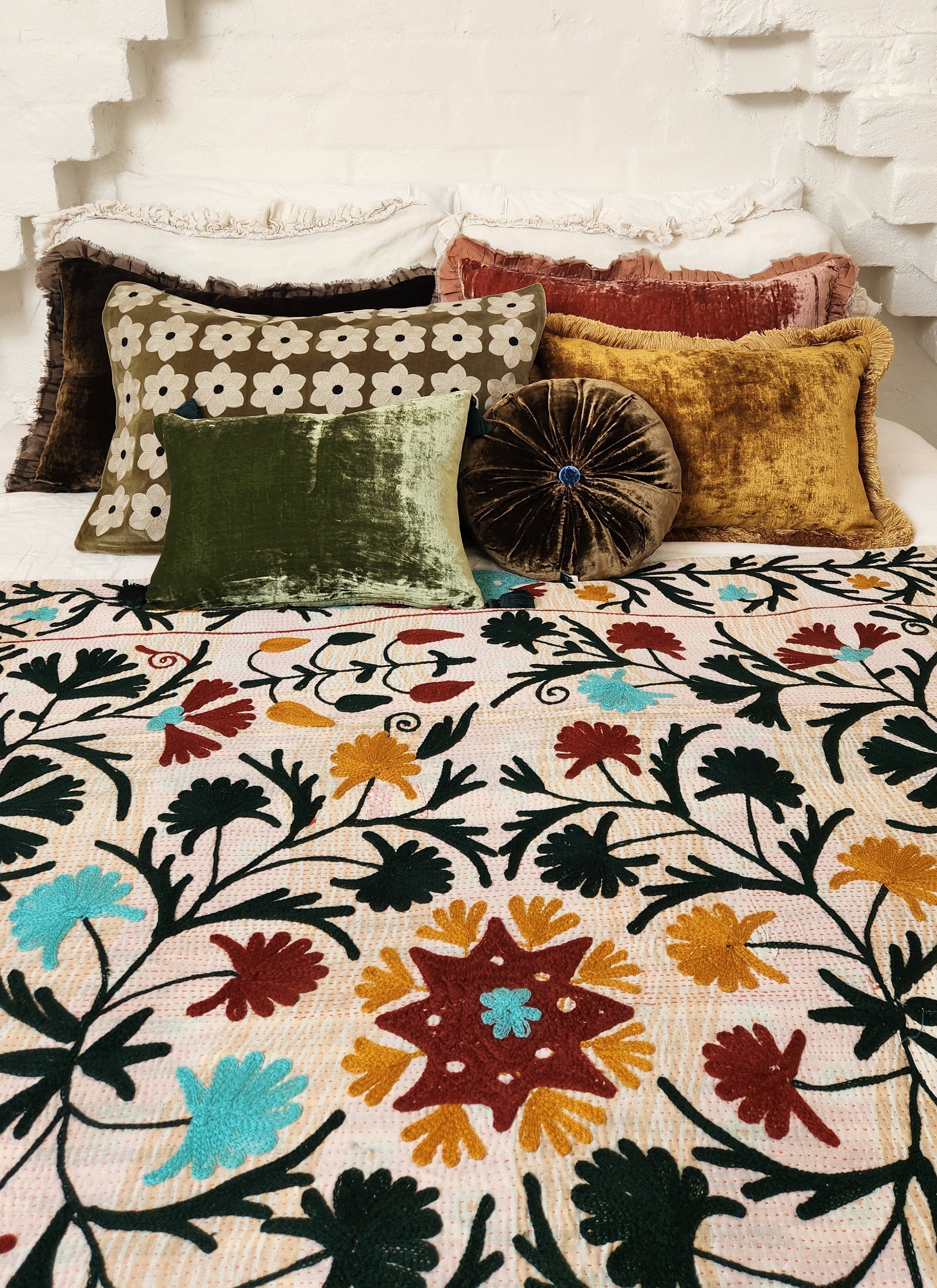 Vintage Suzani Kantha Throw - Mustard Rust & Green