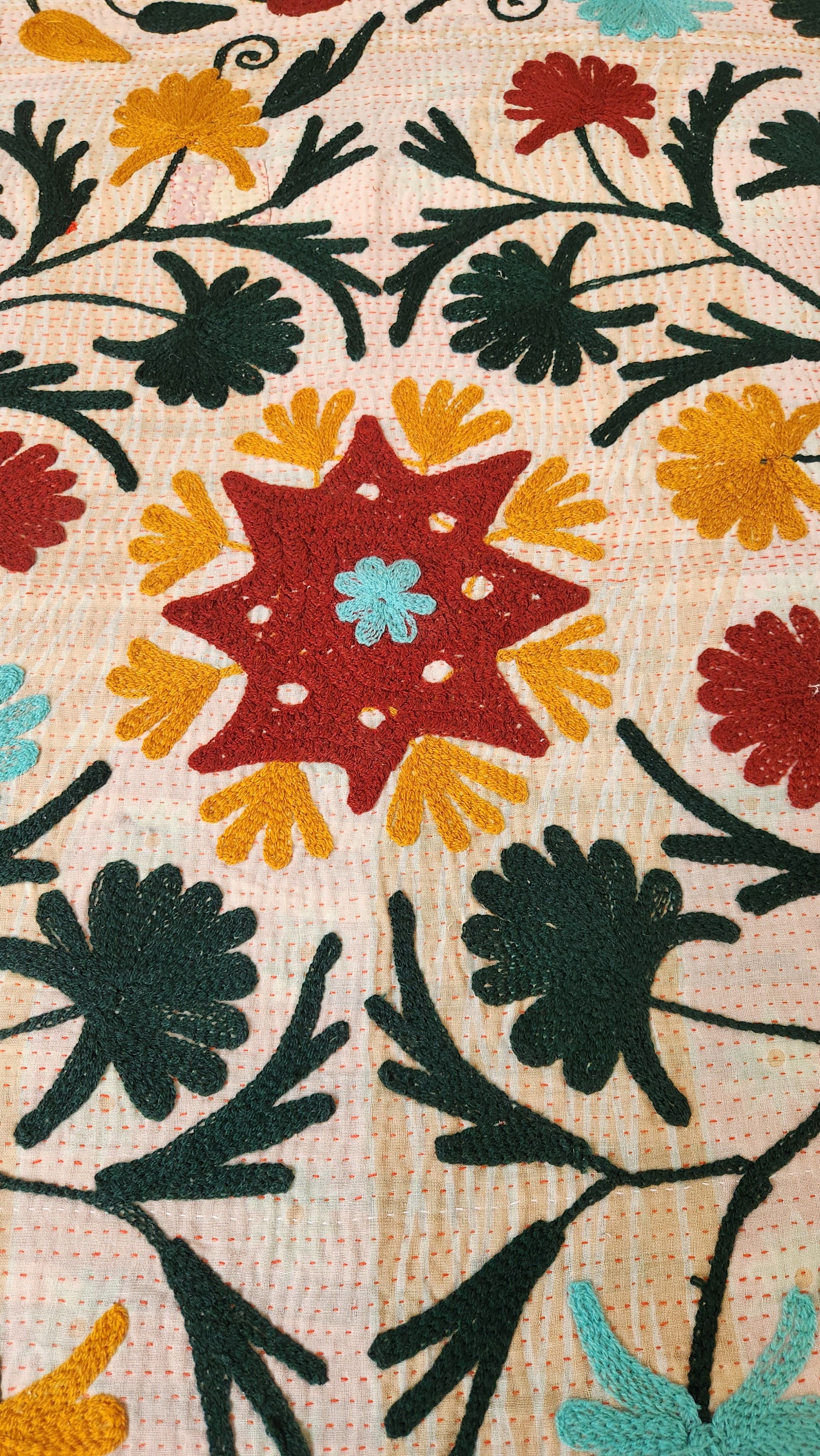 Vintage Suzani Kantha Throw - Mustard Rust & Green