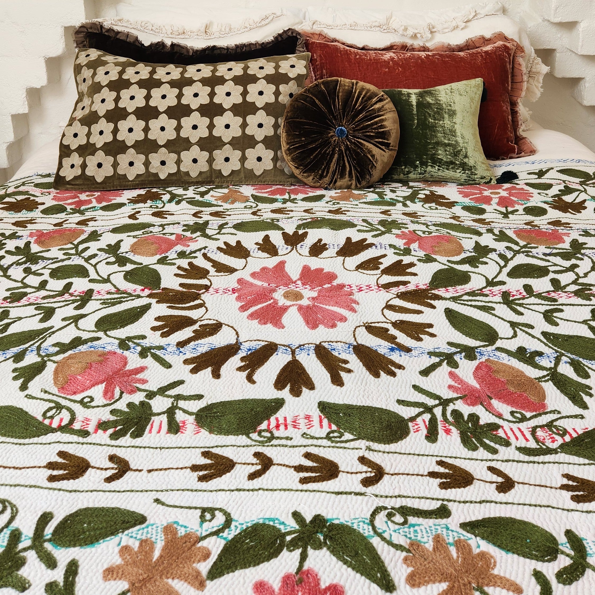 Vintage Suzani Kantha Throw - Pink & Olive