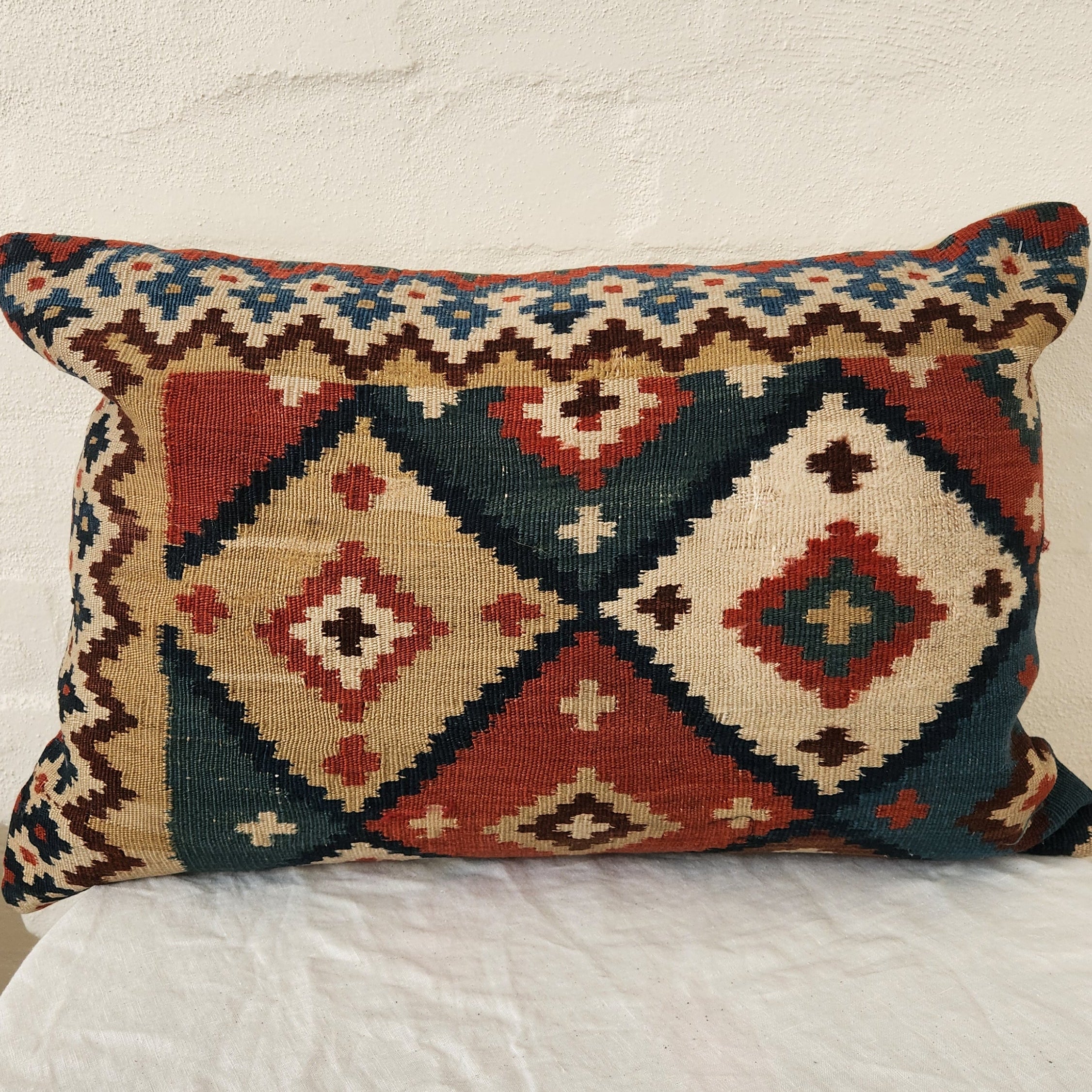 Turkish Kilim Red and Blue Diamond Cushion