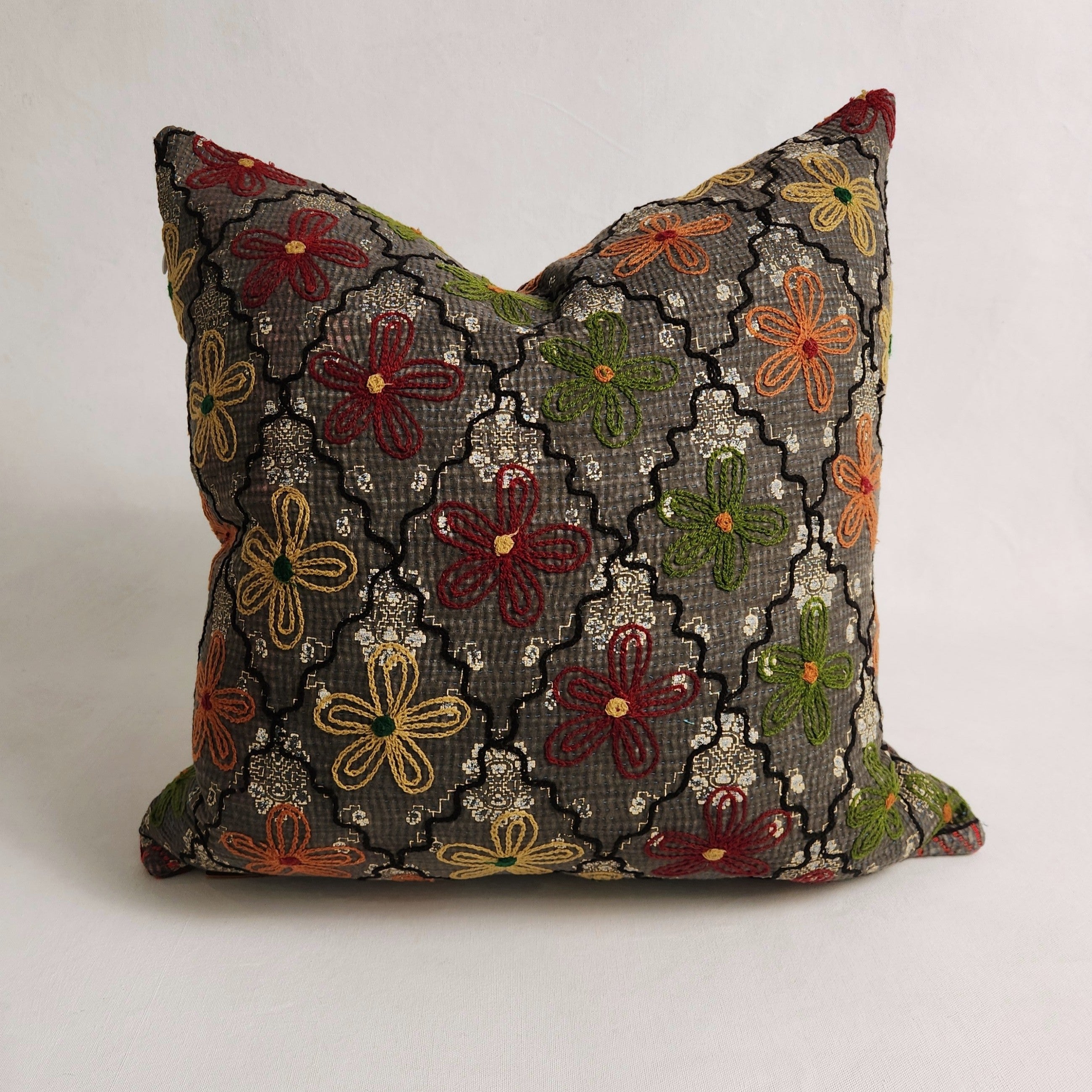 Suzani Cushion #38 - Grey, Green, Burgundy, Black 50x50