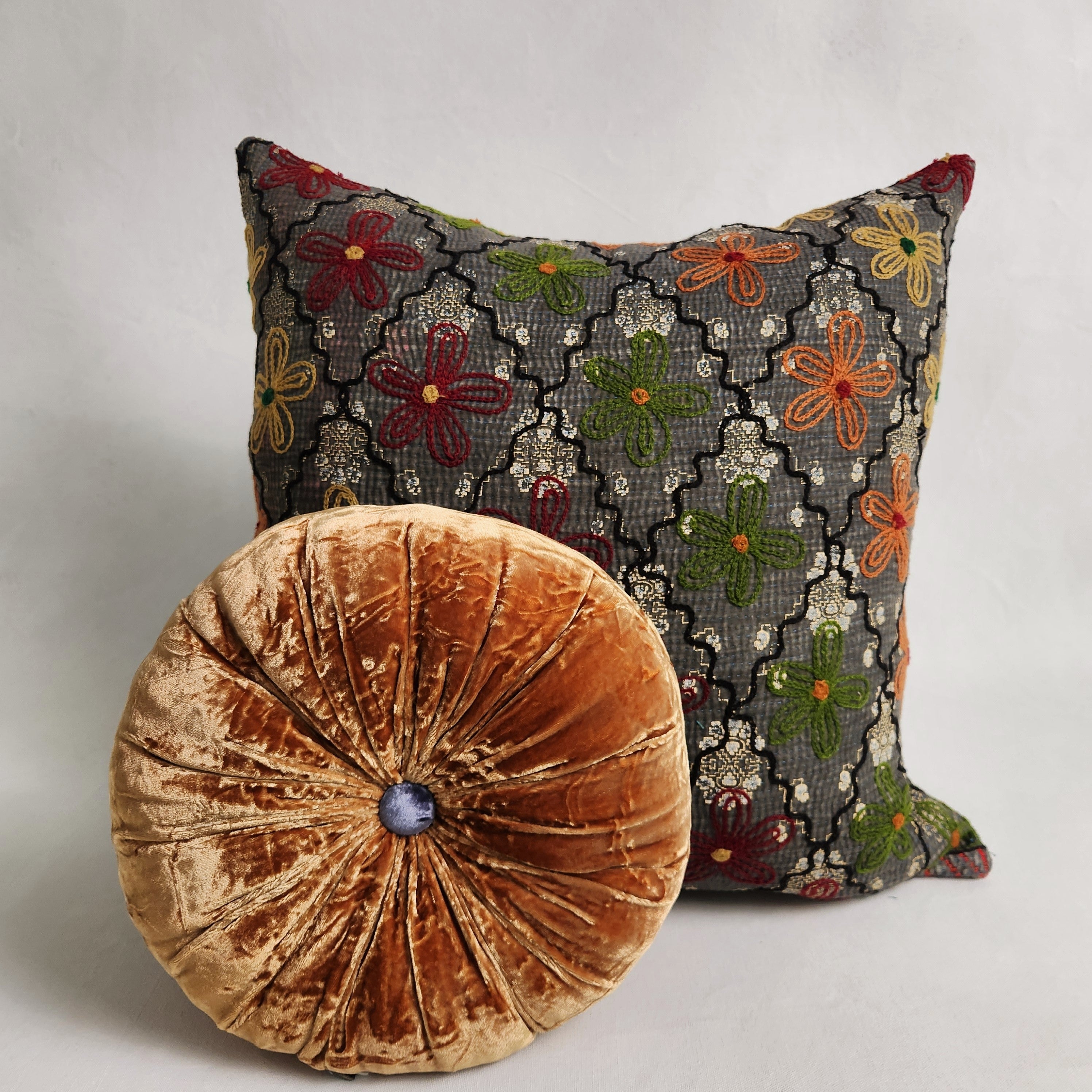 Suzani Cushion #38 - Grey, Green, Burgundy, Black 50x50