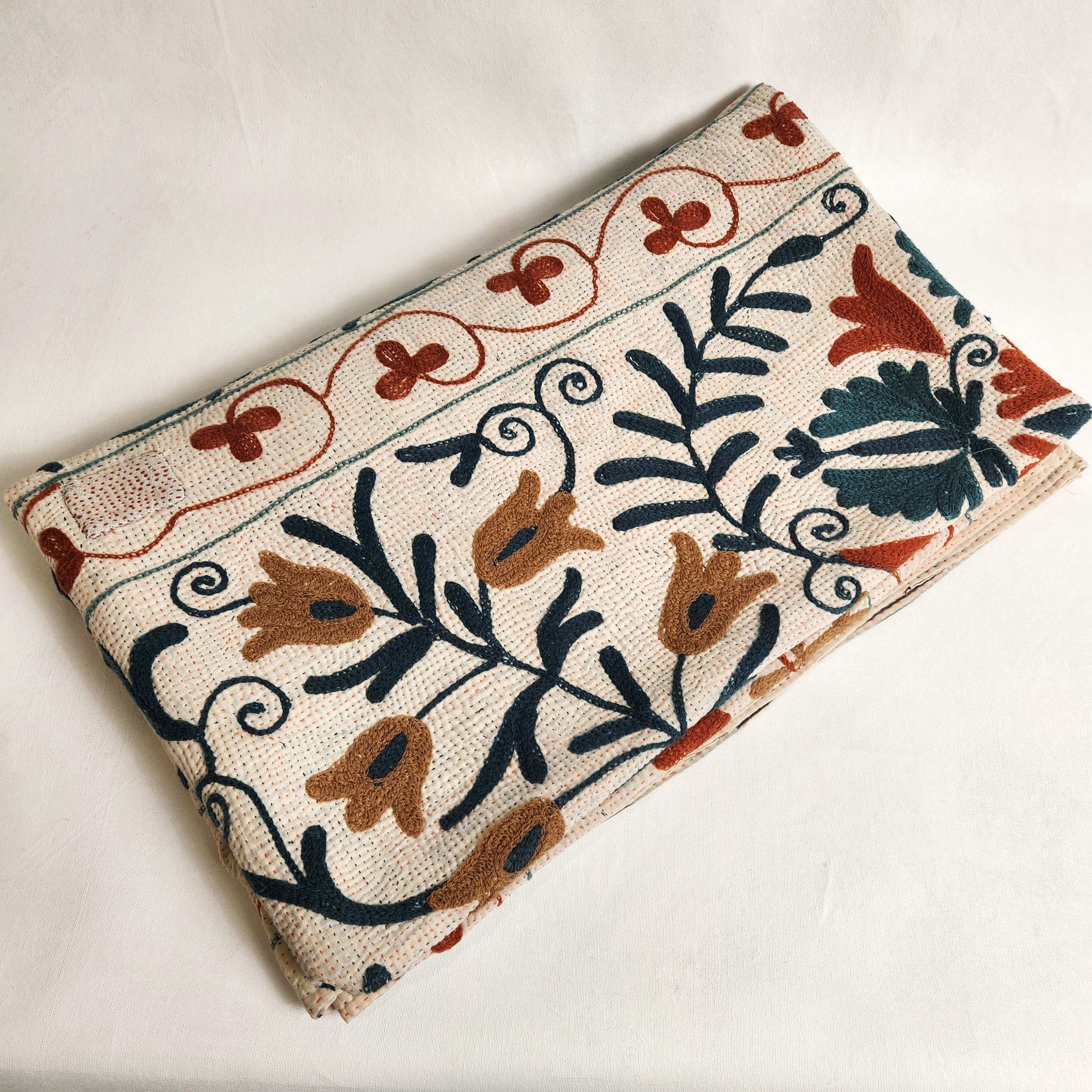 Vintage Suzani Kantha Throw - Tan & Delft Blue