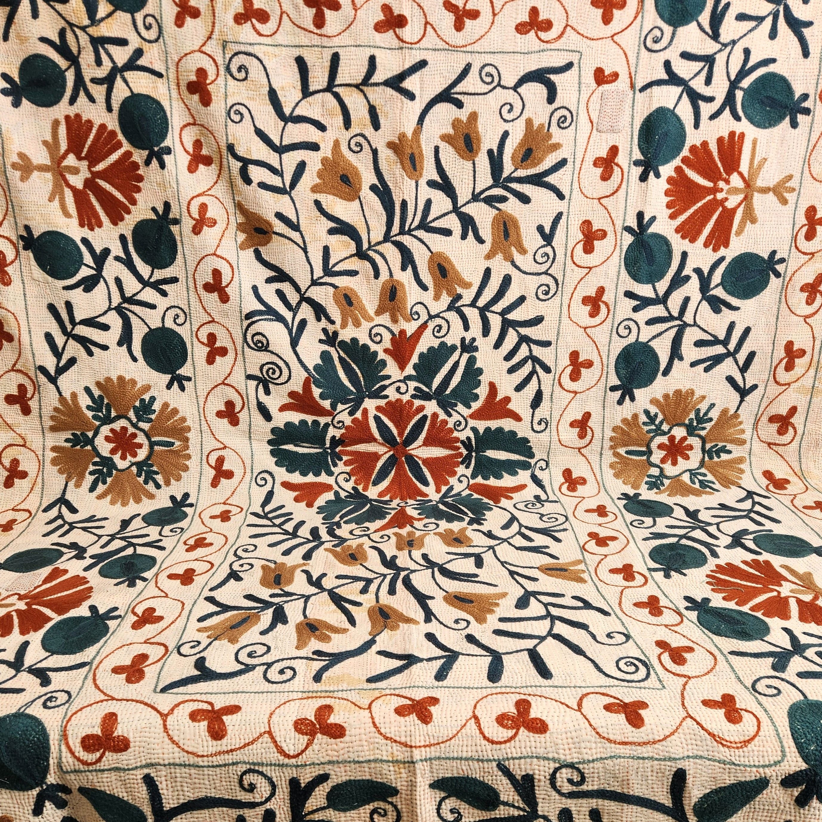 Vintage Suzani Kantha Throw - Tan & Delft Blue