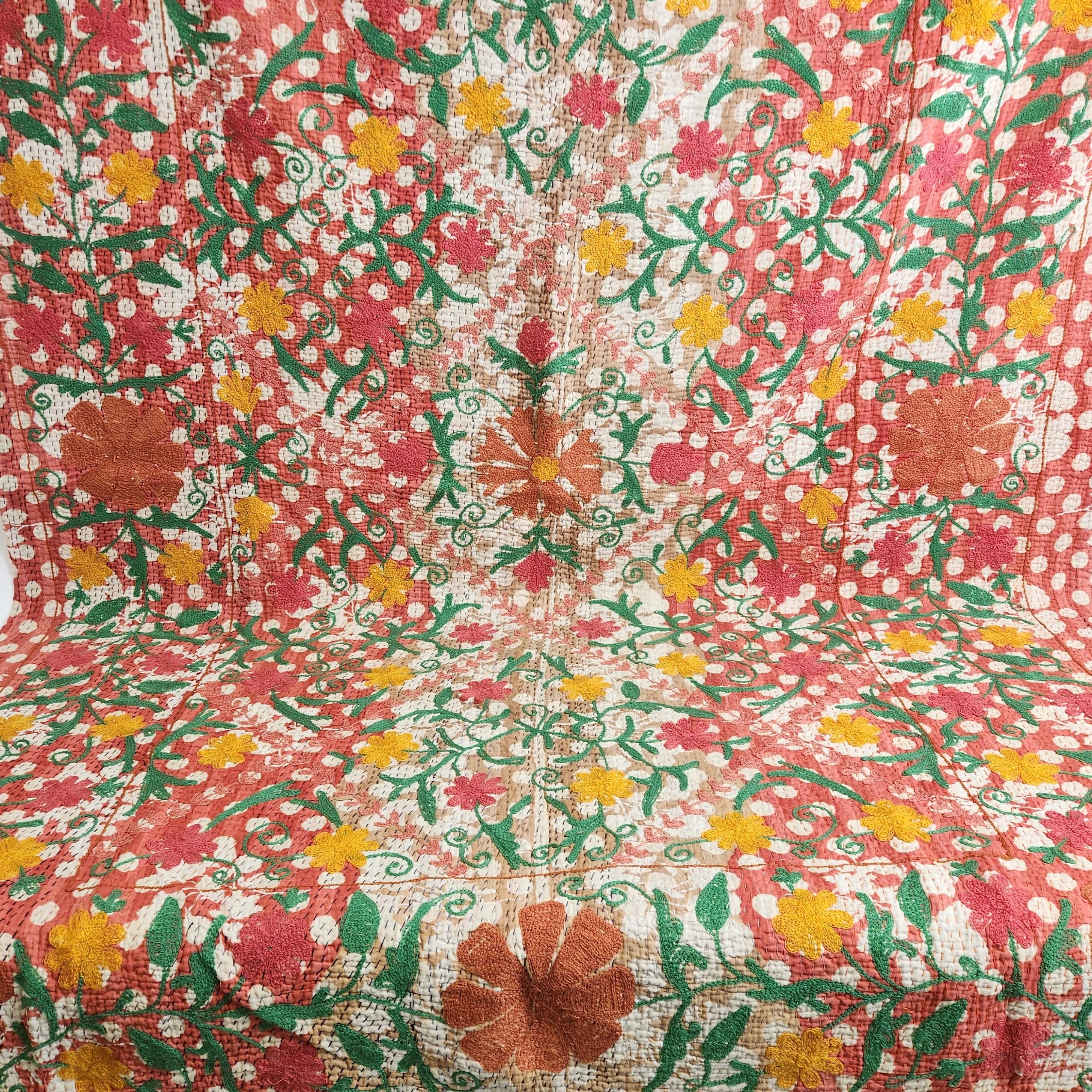 Vintage Suzani Kantha Throw - Pink White Polka Dot