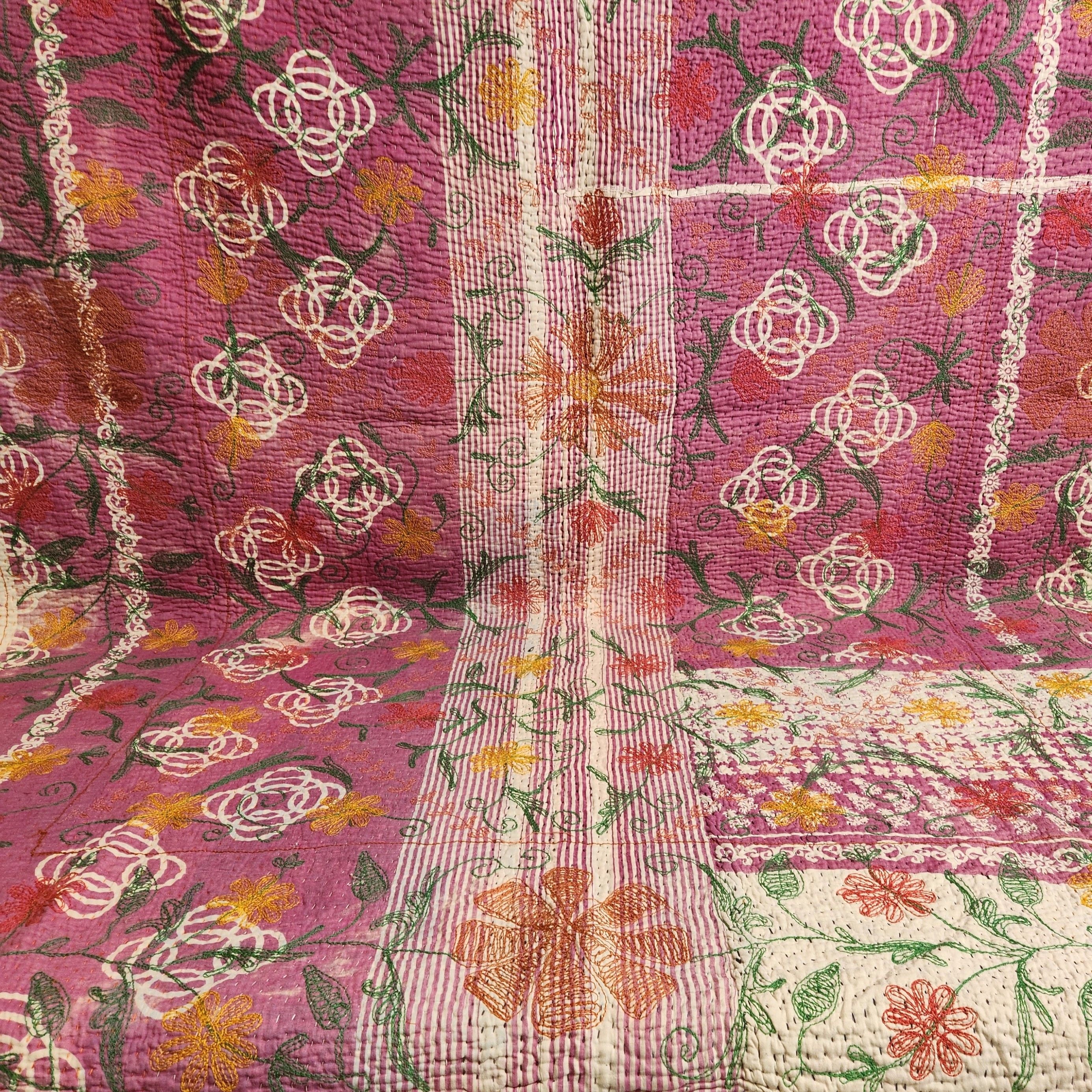 Vintage Suzani Kantha Throw - Pink White Polka Dot