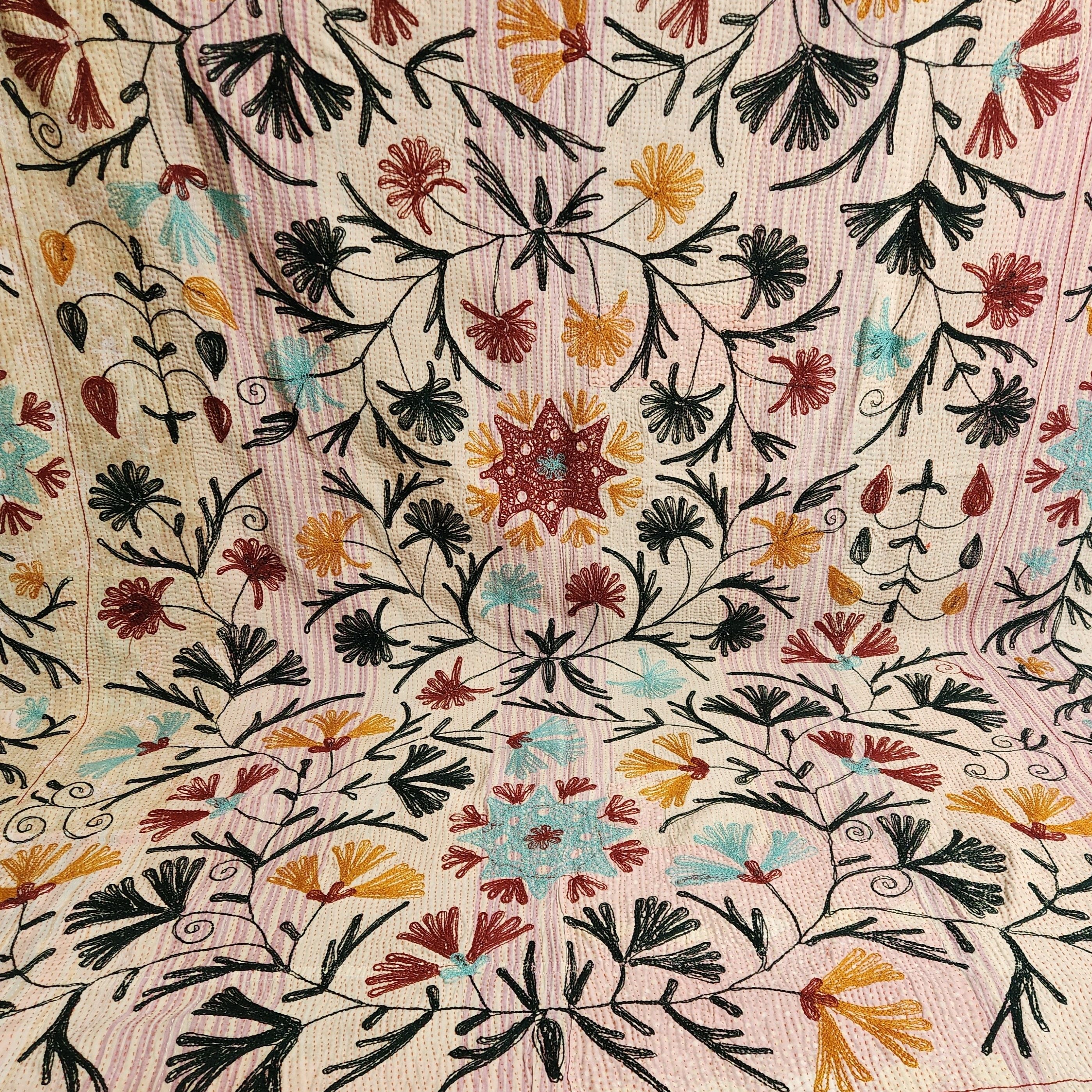 Vintage Suzani Kantha Throw - Mustard Rust & Green