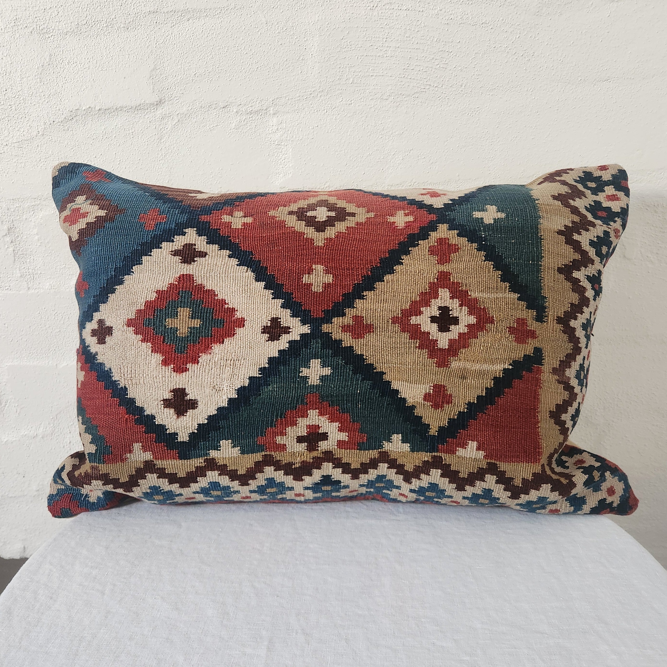 Turkish Kilim Red and Blue Diamond Cushion