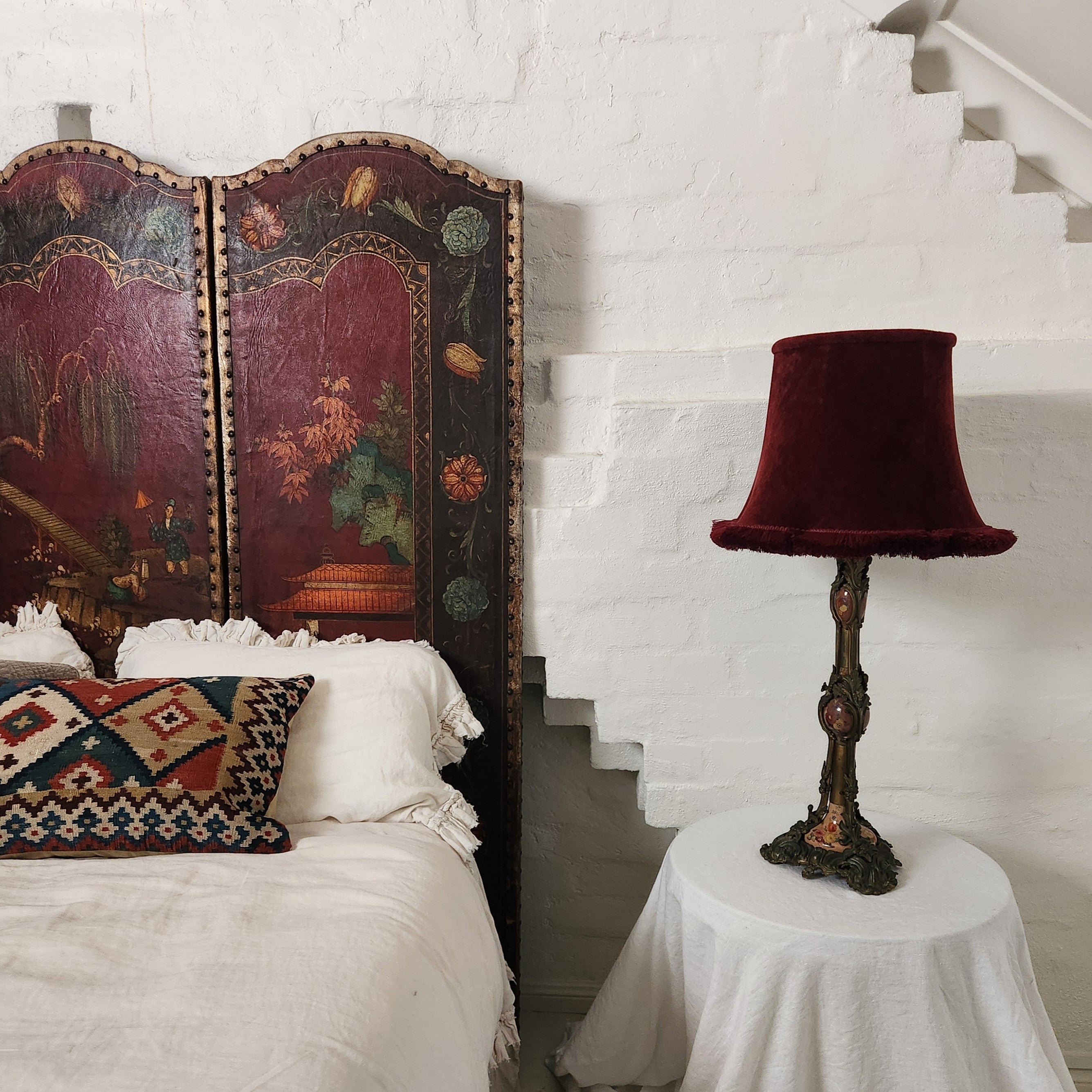Mad Hatter - Antique brass and painted porcelain base with claret velvet shade