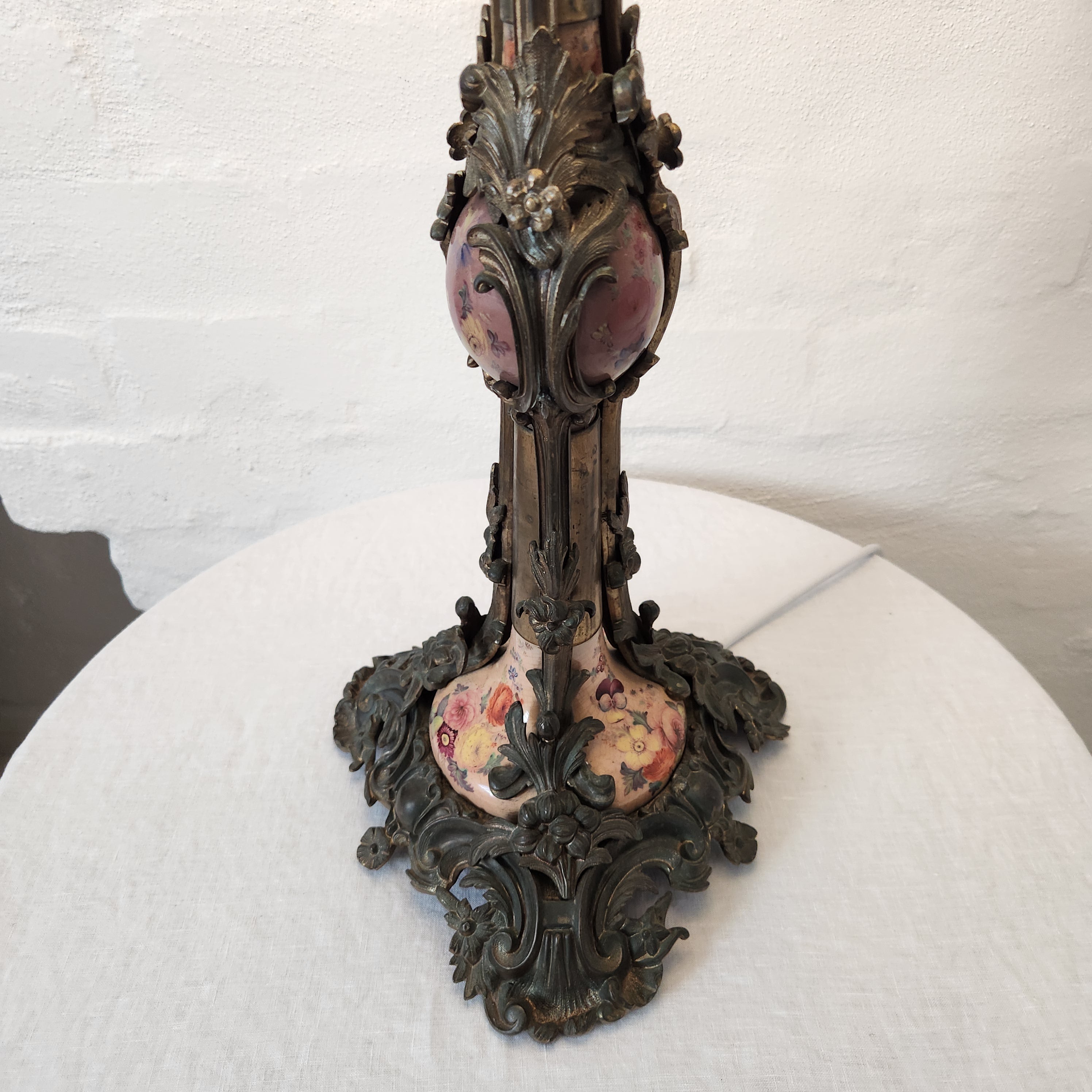 Mad Hatter - Antique brass and painted porcelain base with claret velvet shade
