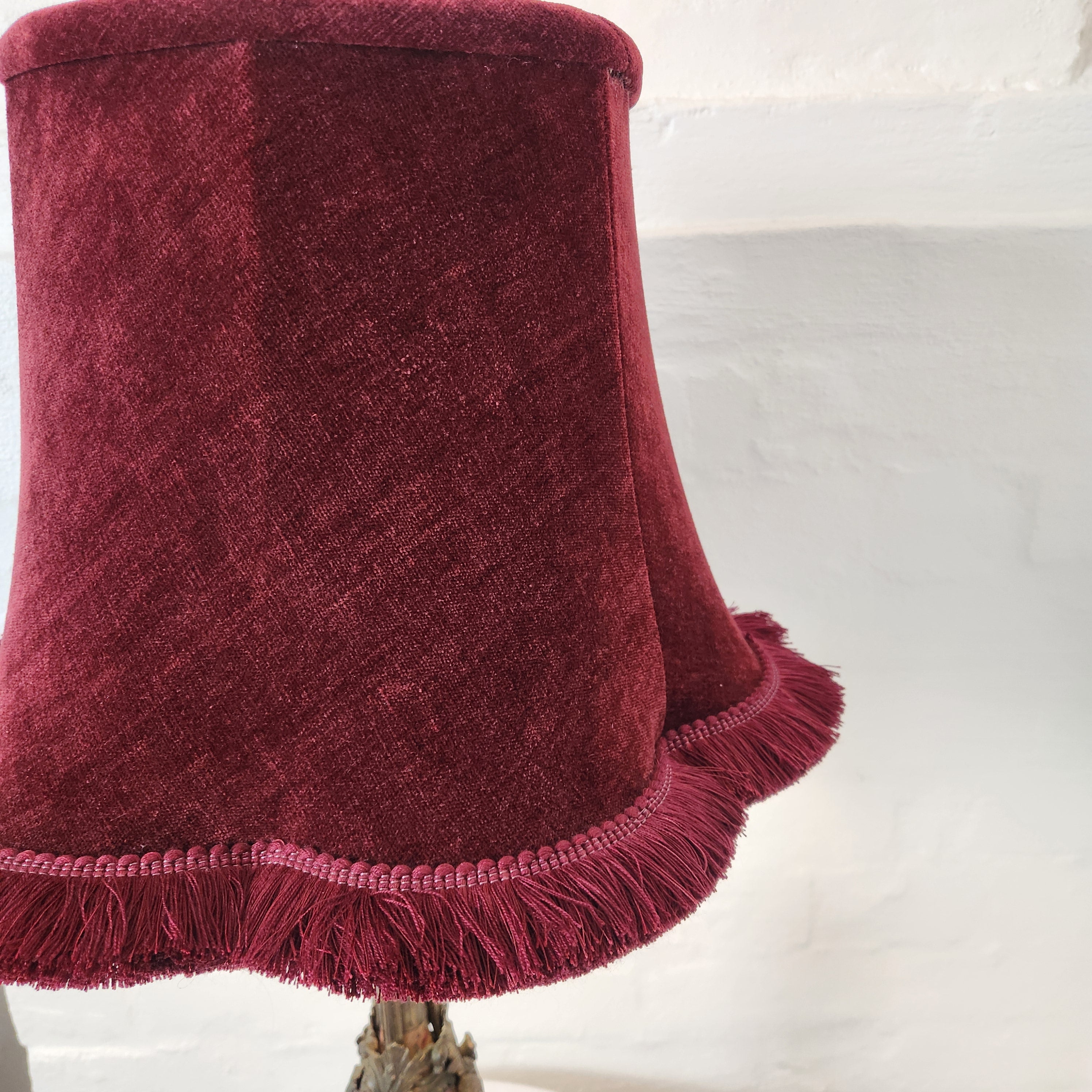 Mad Hatter - Antique brass and painted porcelain base with claret velvet shade
