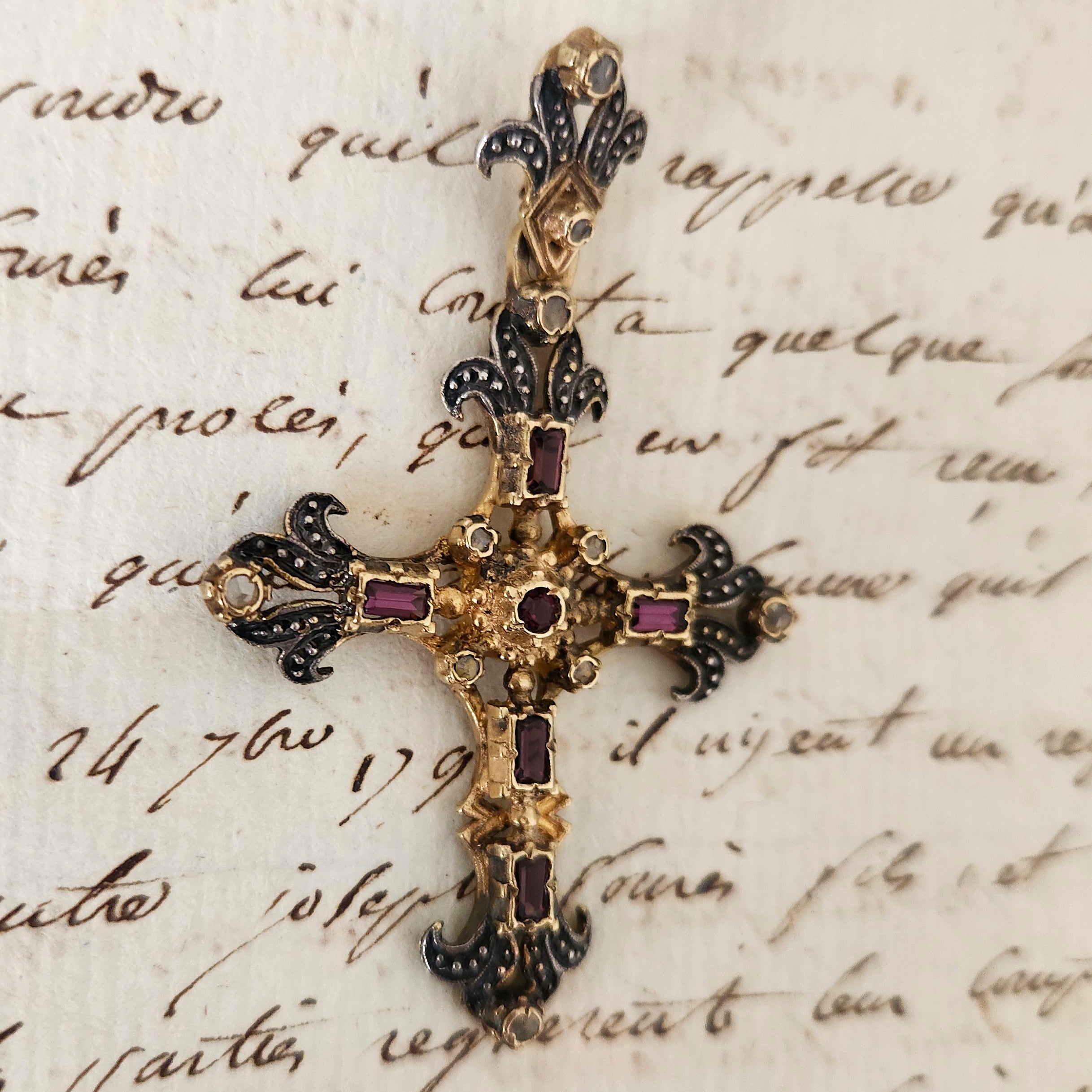 Marquisette Diamond, Amethyst Gilt Sterling Silver Cross Pendant Circa 1920’s