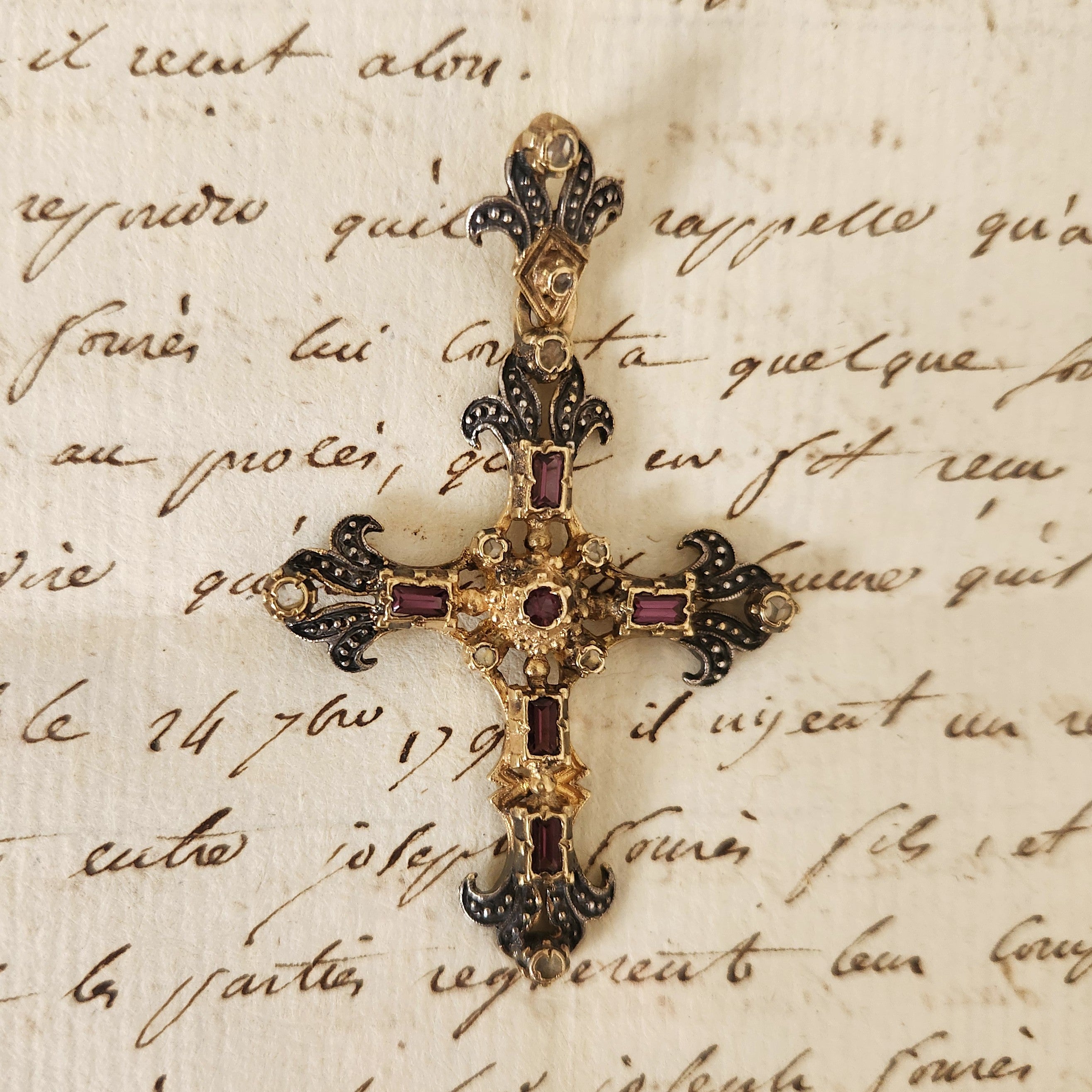 Marquisette Diamond, Amethyst Gilt Sterling Silver Cross Pendant Circa 1920’s