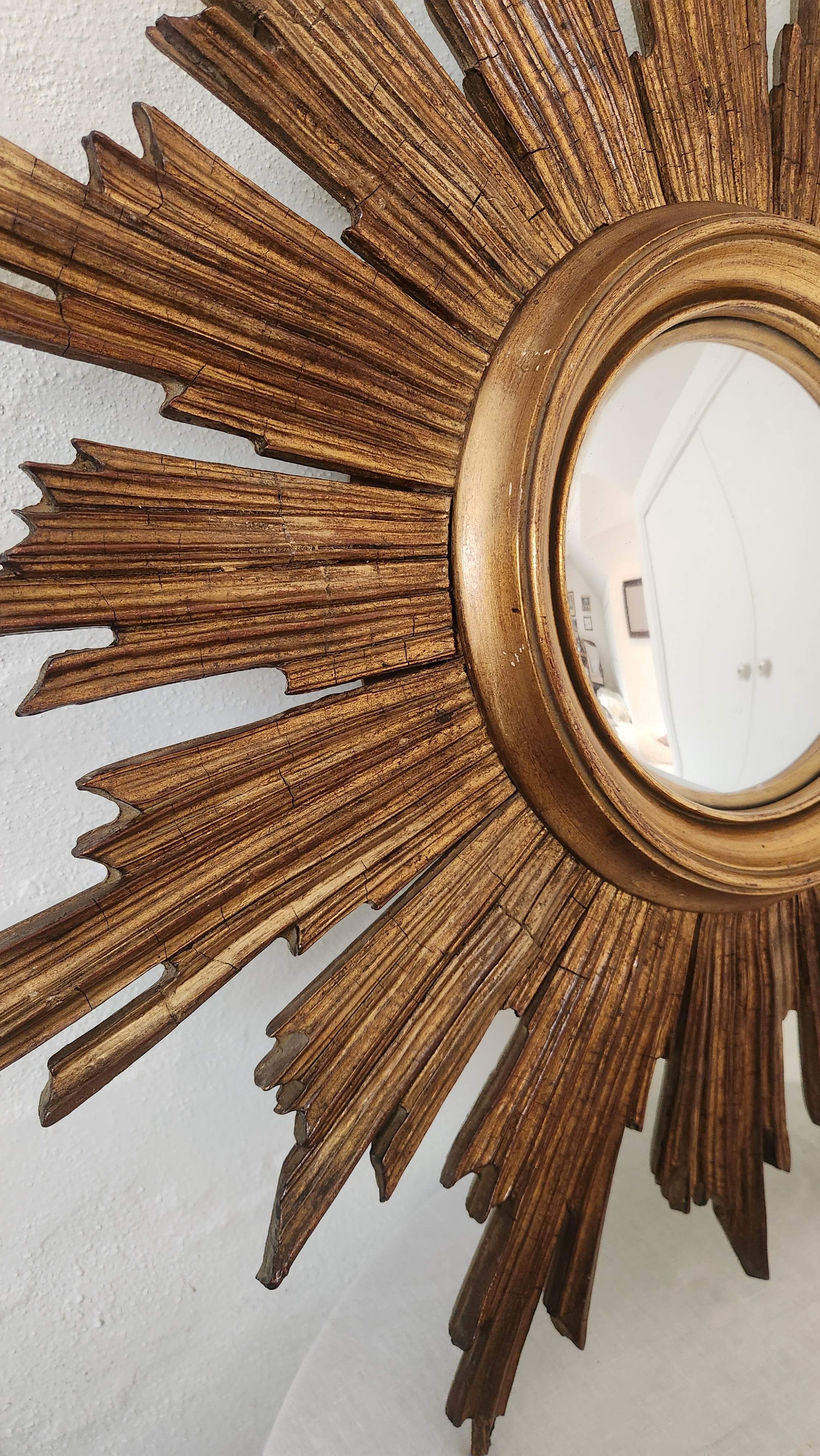 Vintage Belgian Starburst Convex Gilt Wooden Mirror