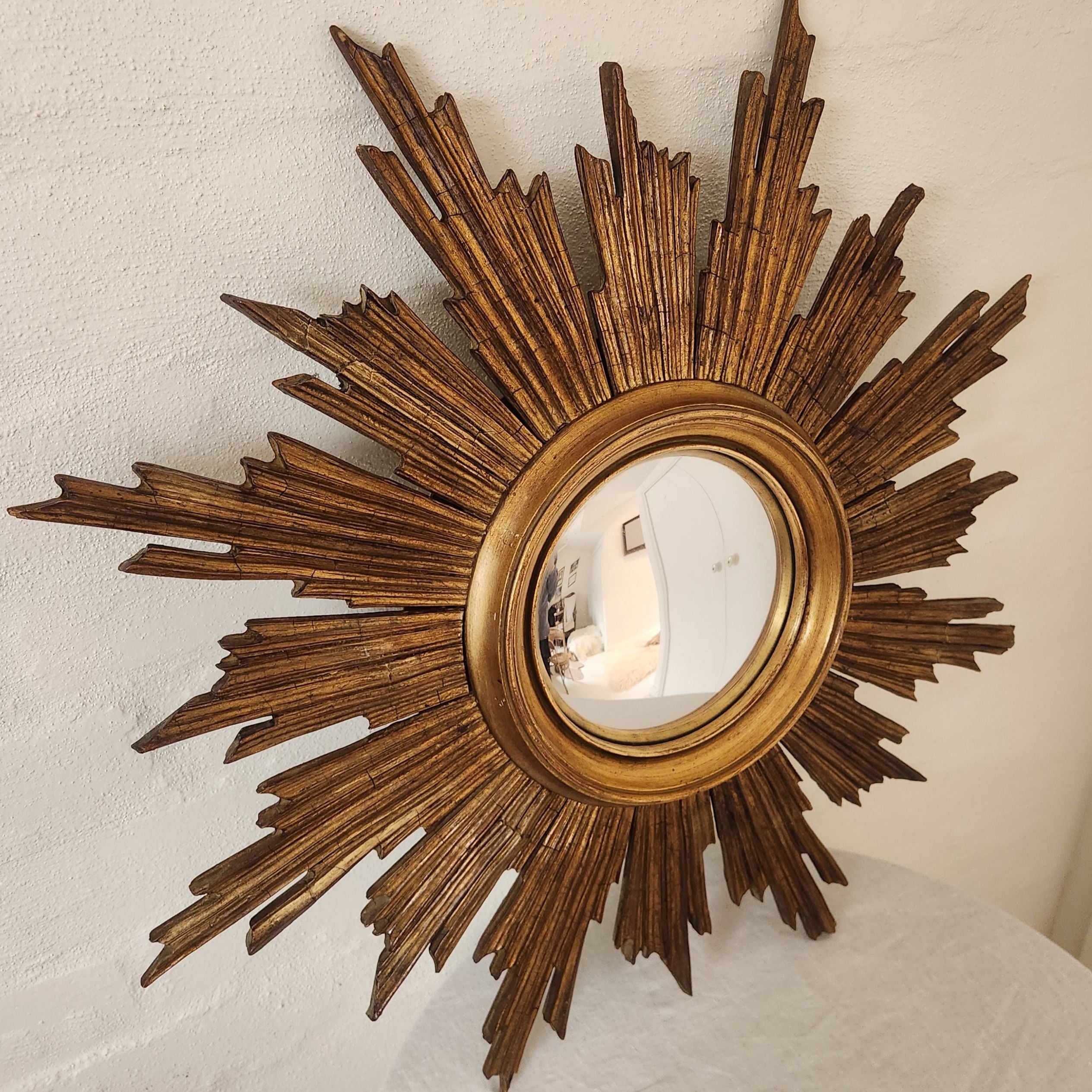 Vintage Belgian Starburst Convex Gilt Wooden Mirror