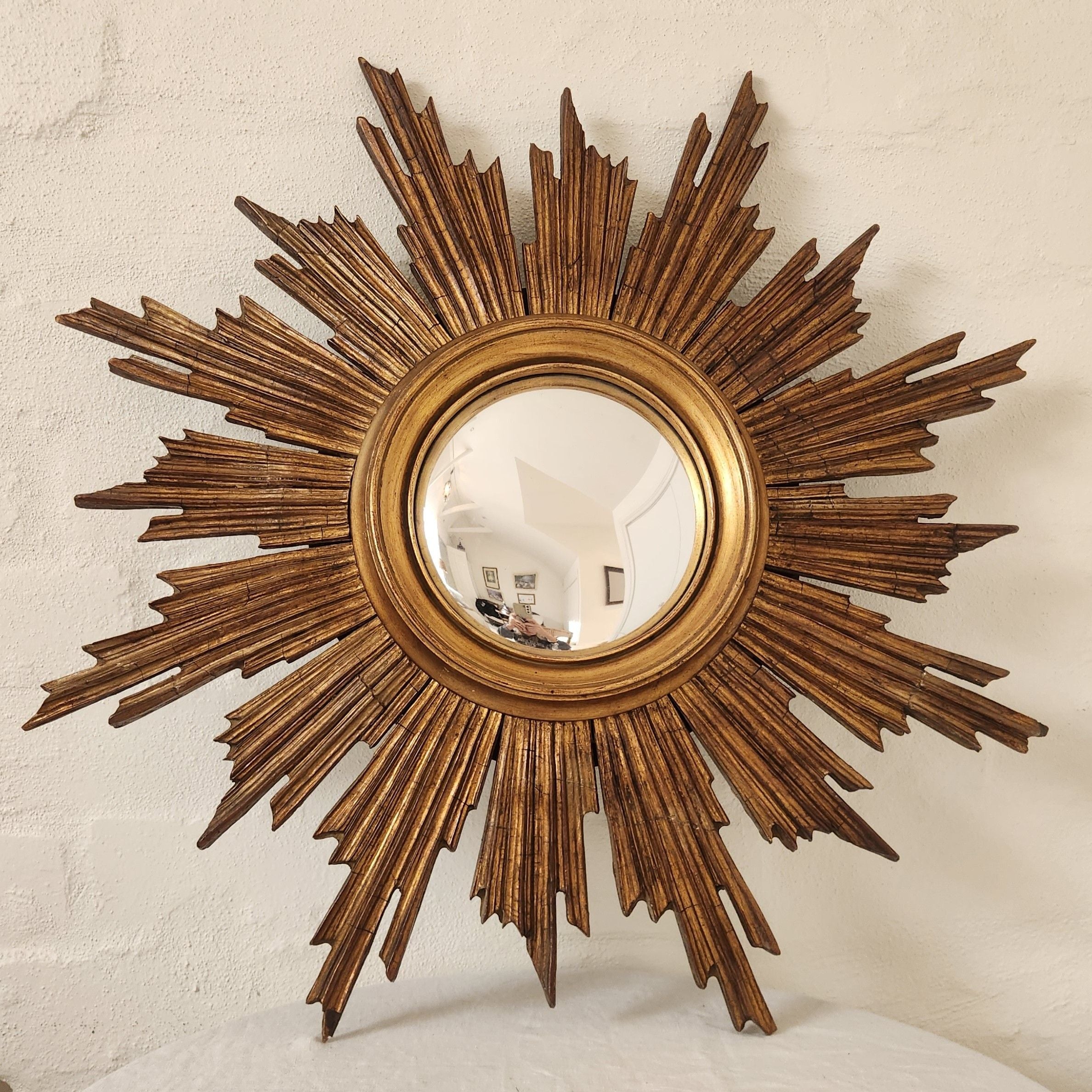 Vintage Belgian Starburst Convex Gilt Wooden Mirror