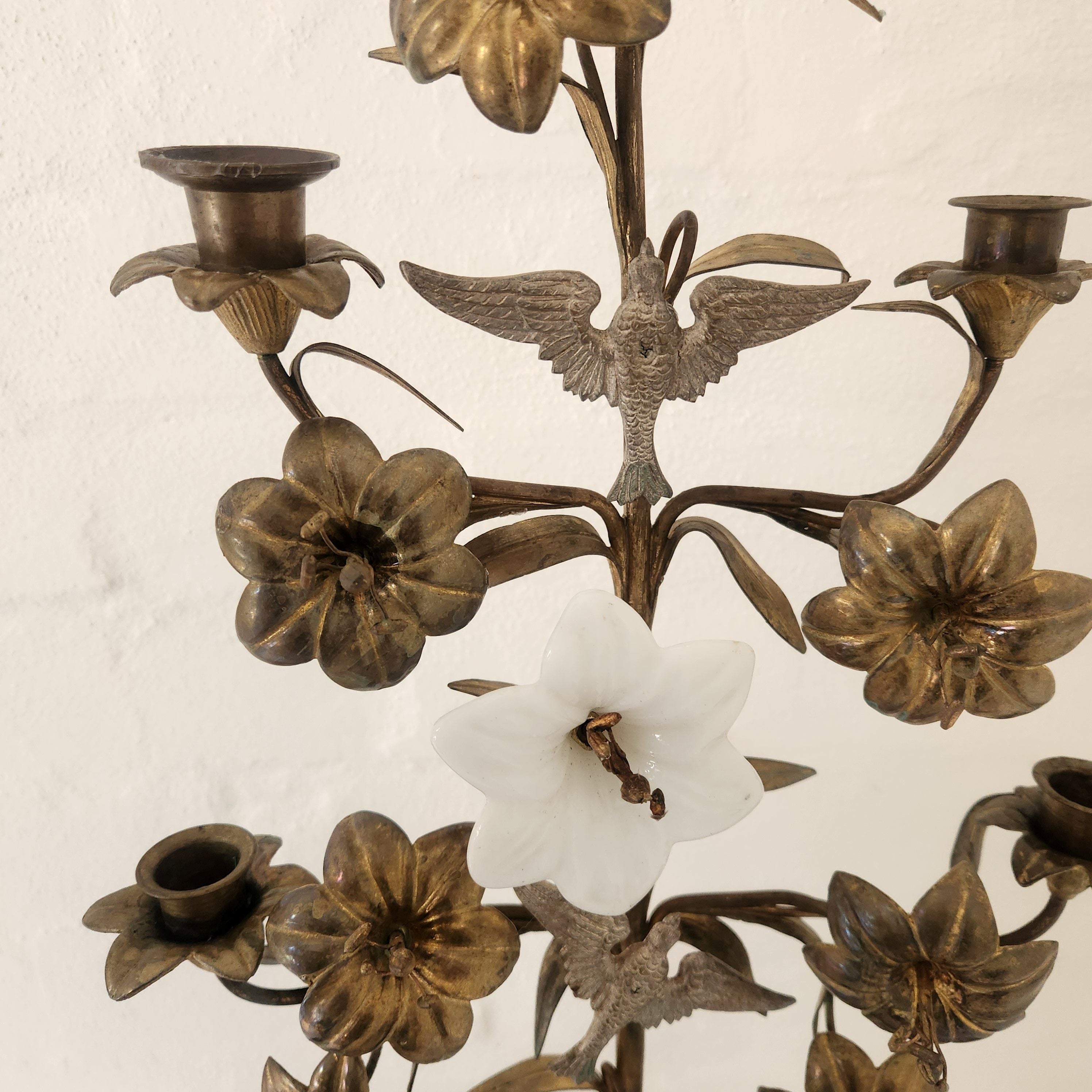 Antique French Brass and Opaline Altar Candelabra