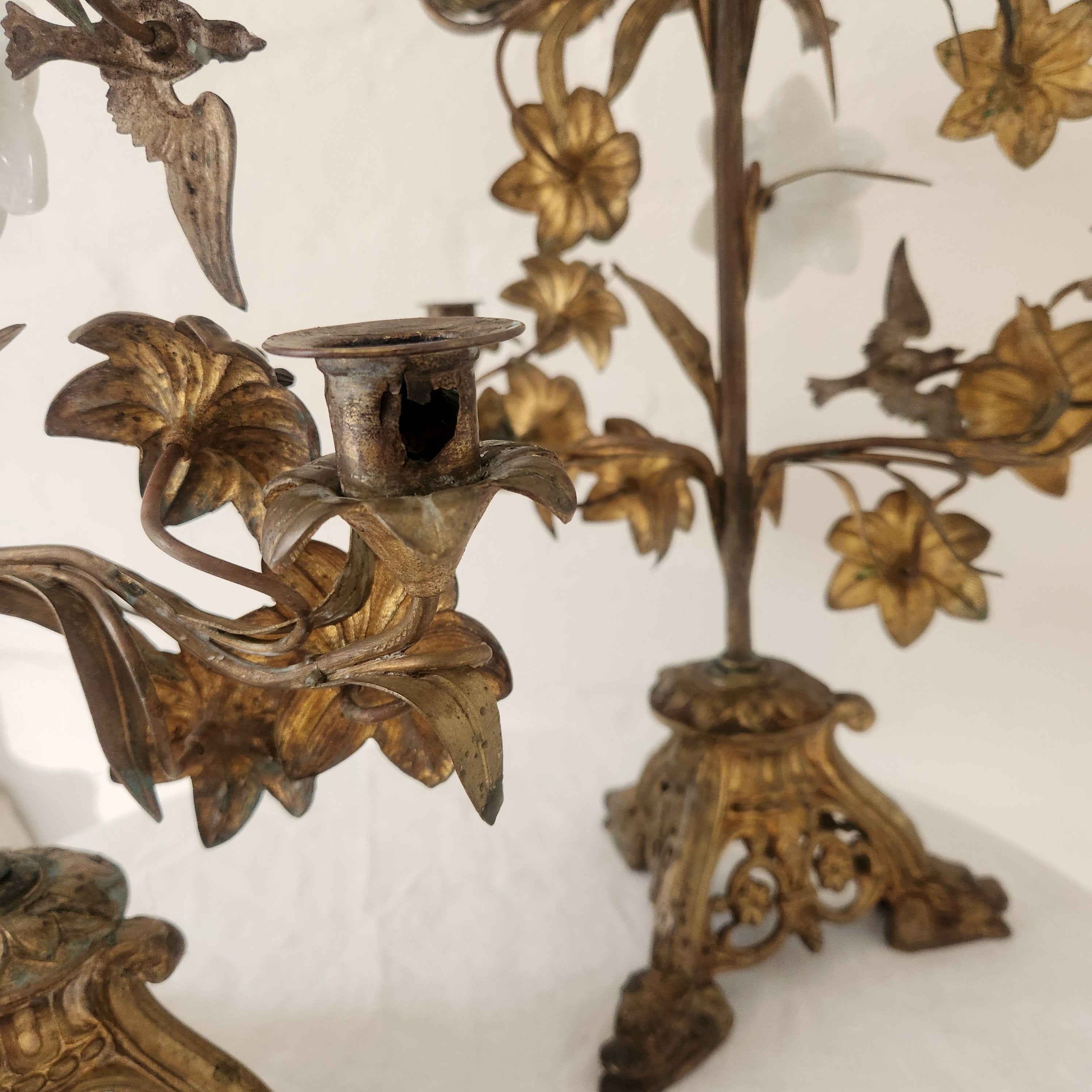 Antique French Brass and Opaline Altar Candelabra