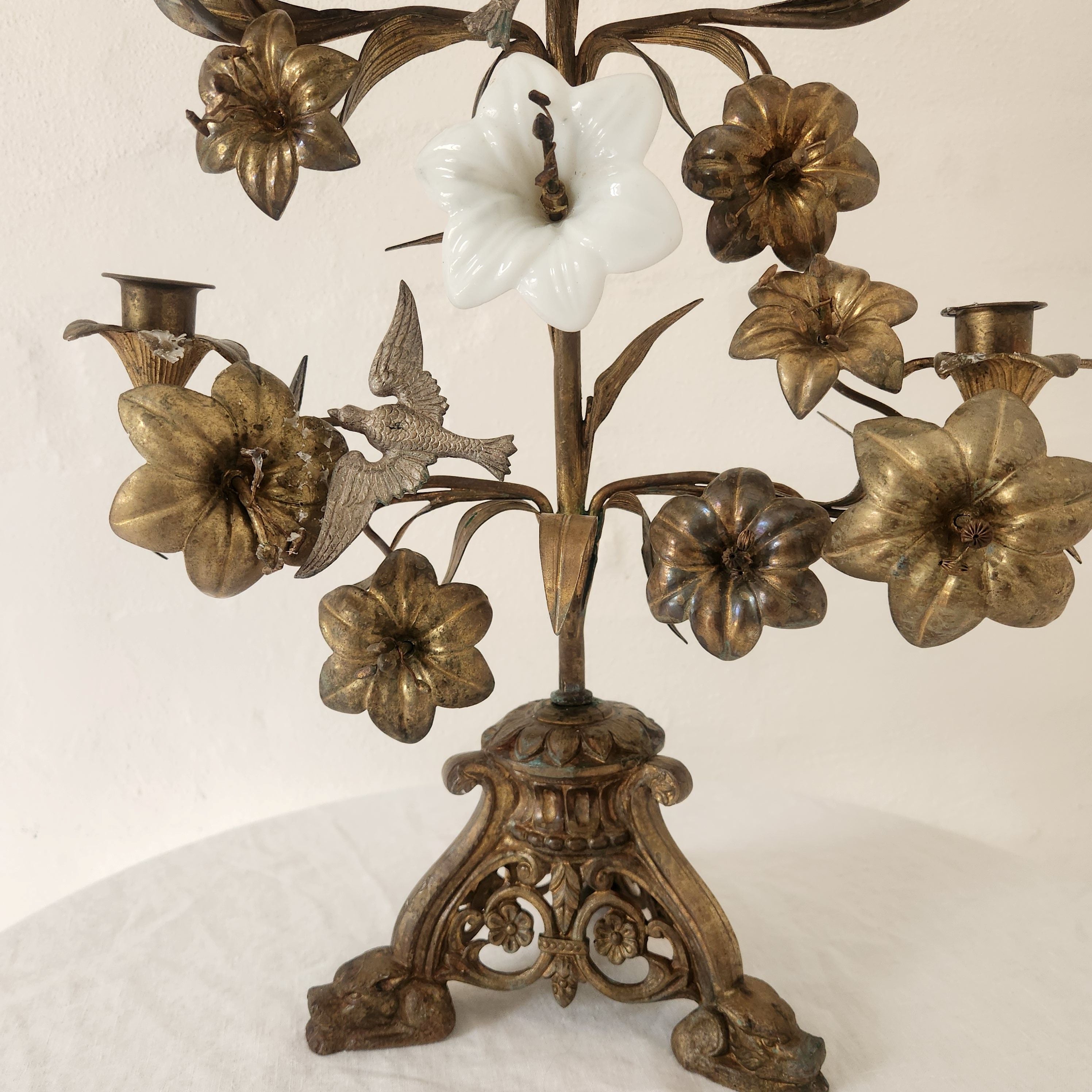 Antique French Brass and Opaline Altar Candelabra