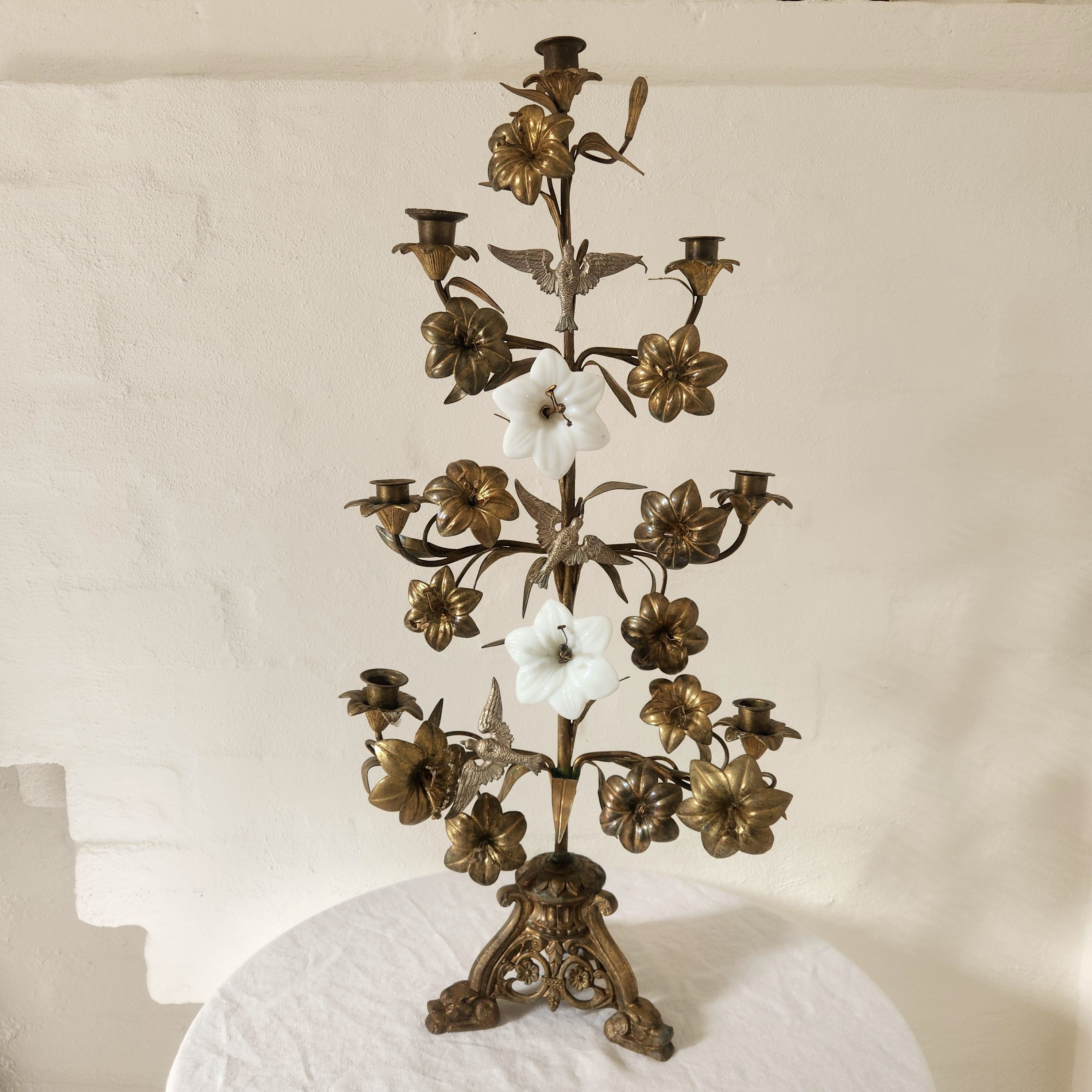 Antique French Brass and Opaline Altar Candelabra