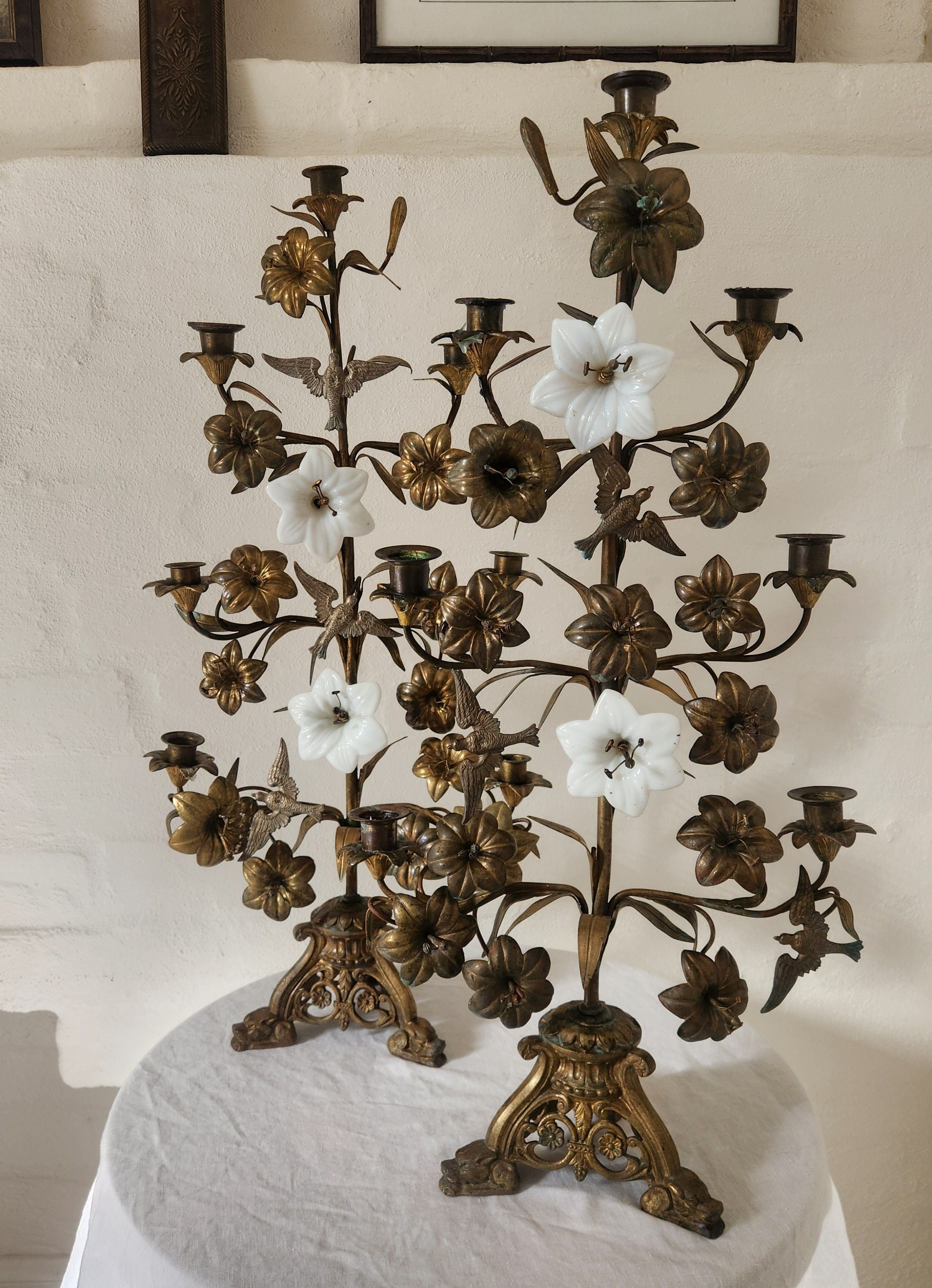 Antique French Brass and Opaline Altar Candelabra