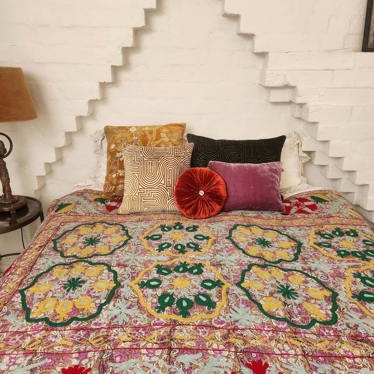 Vintage Suzani Kantha Throw - Pink, Aqua, Red, Green, Yellow