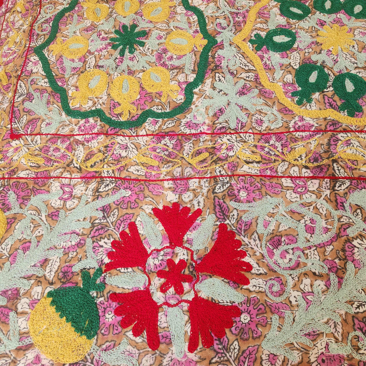 Vintage Suzani Kantha Throw - Pink, Aqua, Red, Green, Yellow
