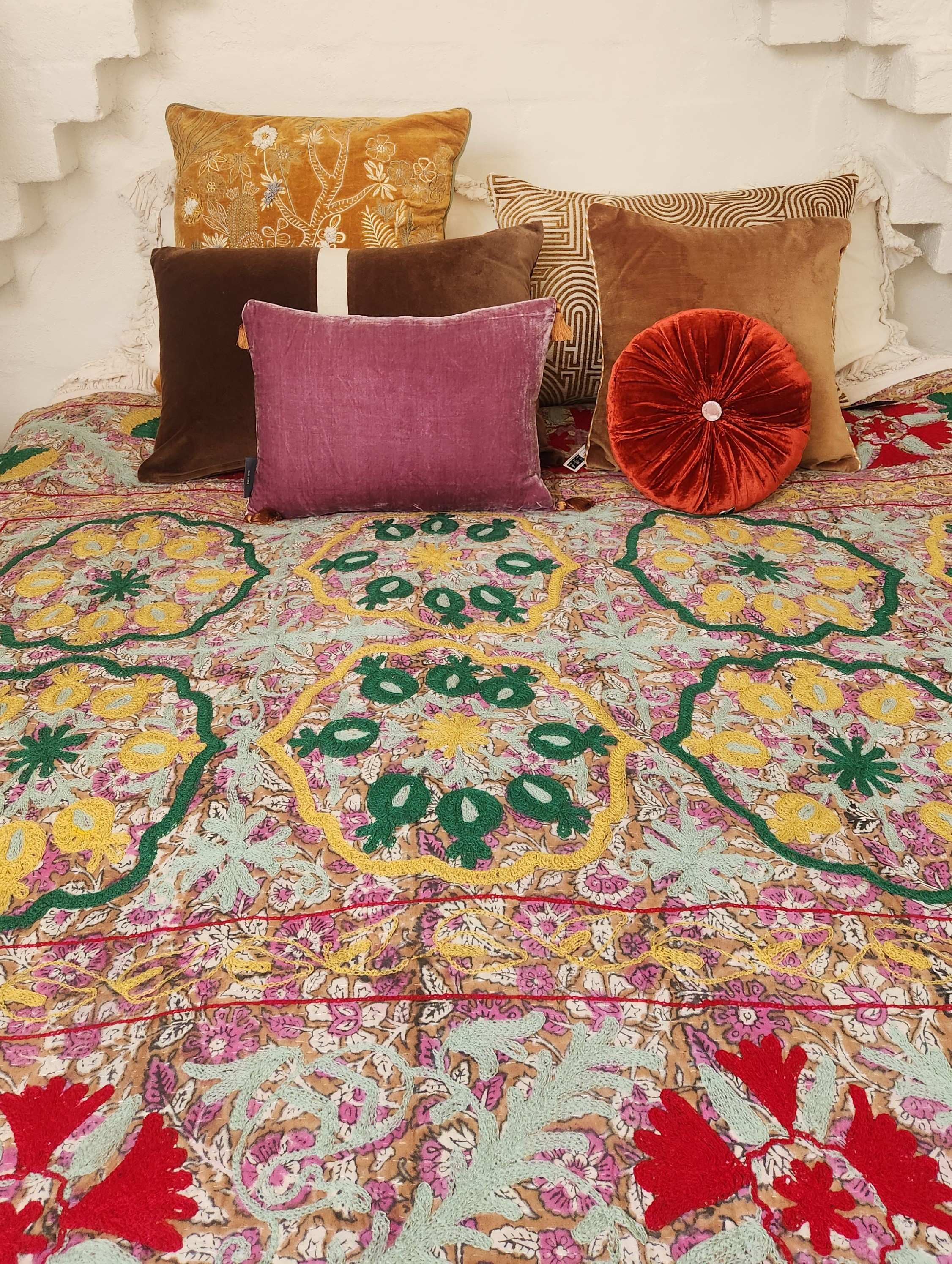 Vintage Suzani Kantha Throw - Pink, Aqua, Red, Green, Yellow