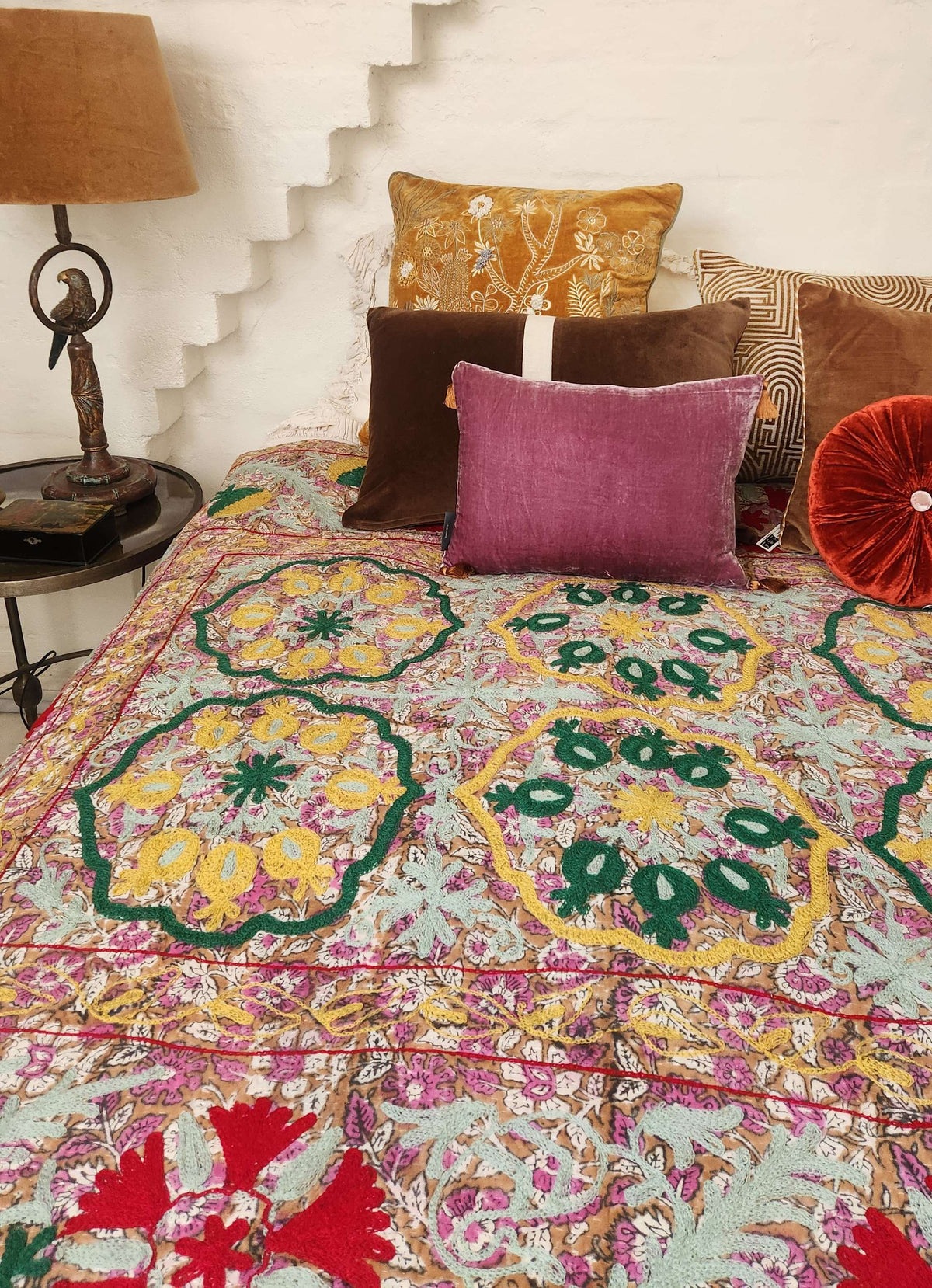 Vintage Suzani Kantha Throw - Pink, Aqua, Red, Green, Yellow