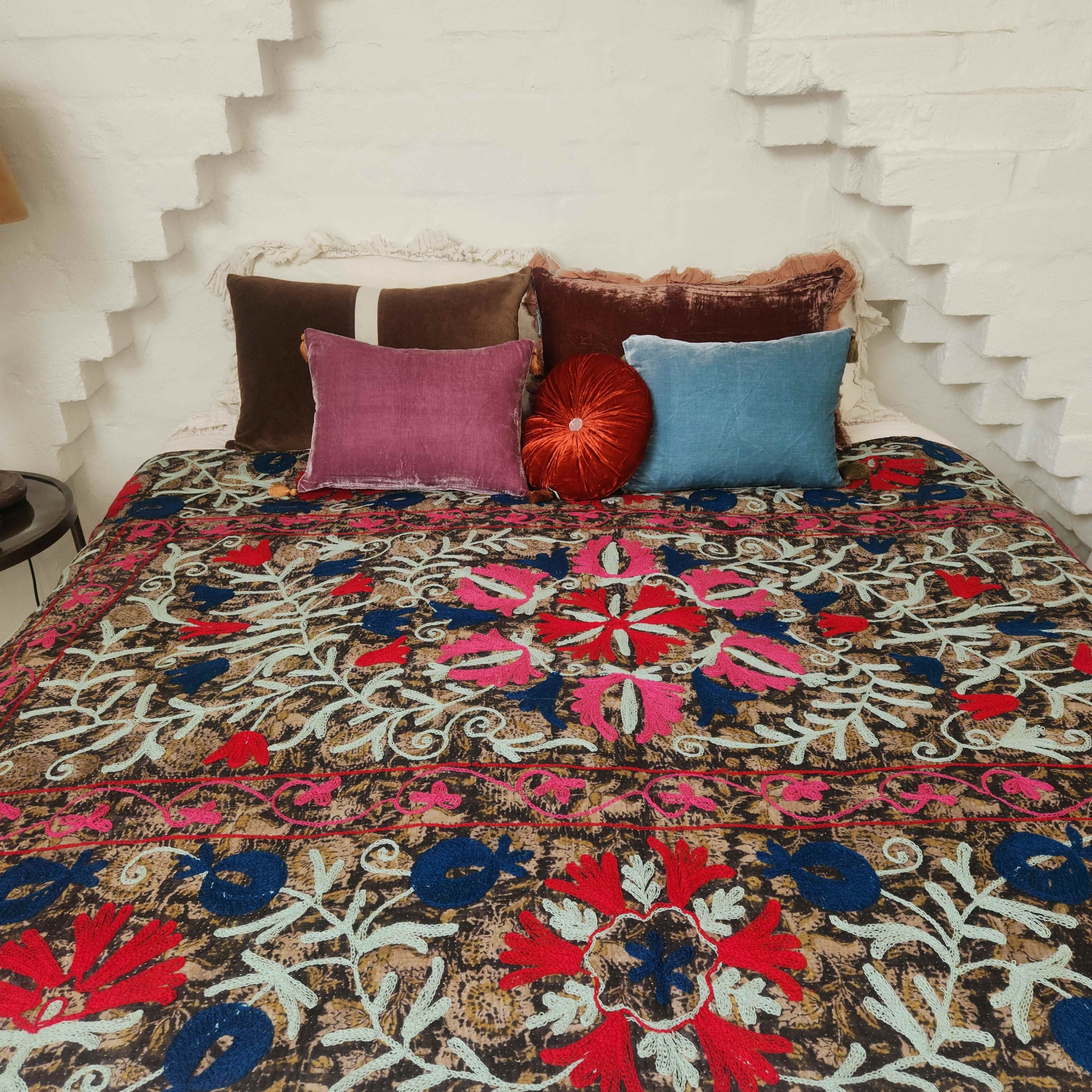 Vintage Suzani Kantha Throw - Camouflage Reds, Blue, Pink, Mint