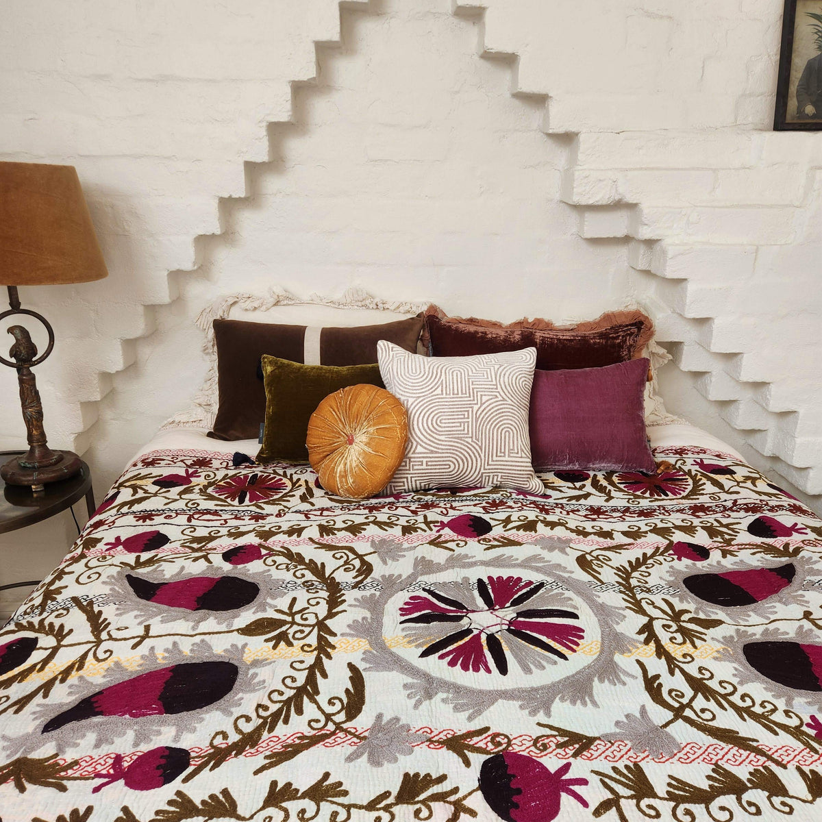 Vintage Suzani Kantha Throw - Fuschia, Olive, Grey, Aubergine