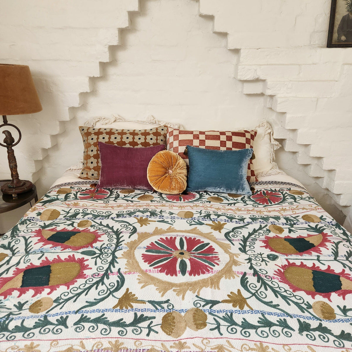 Vintage Suzani Kantha Throw - Pink, Dusty Teal, Ochre
