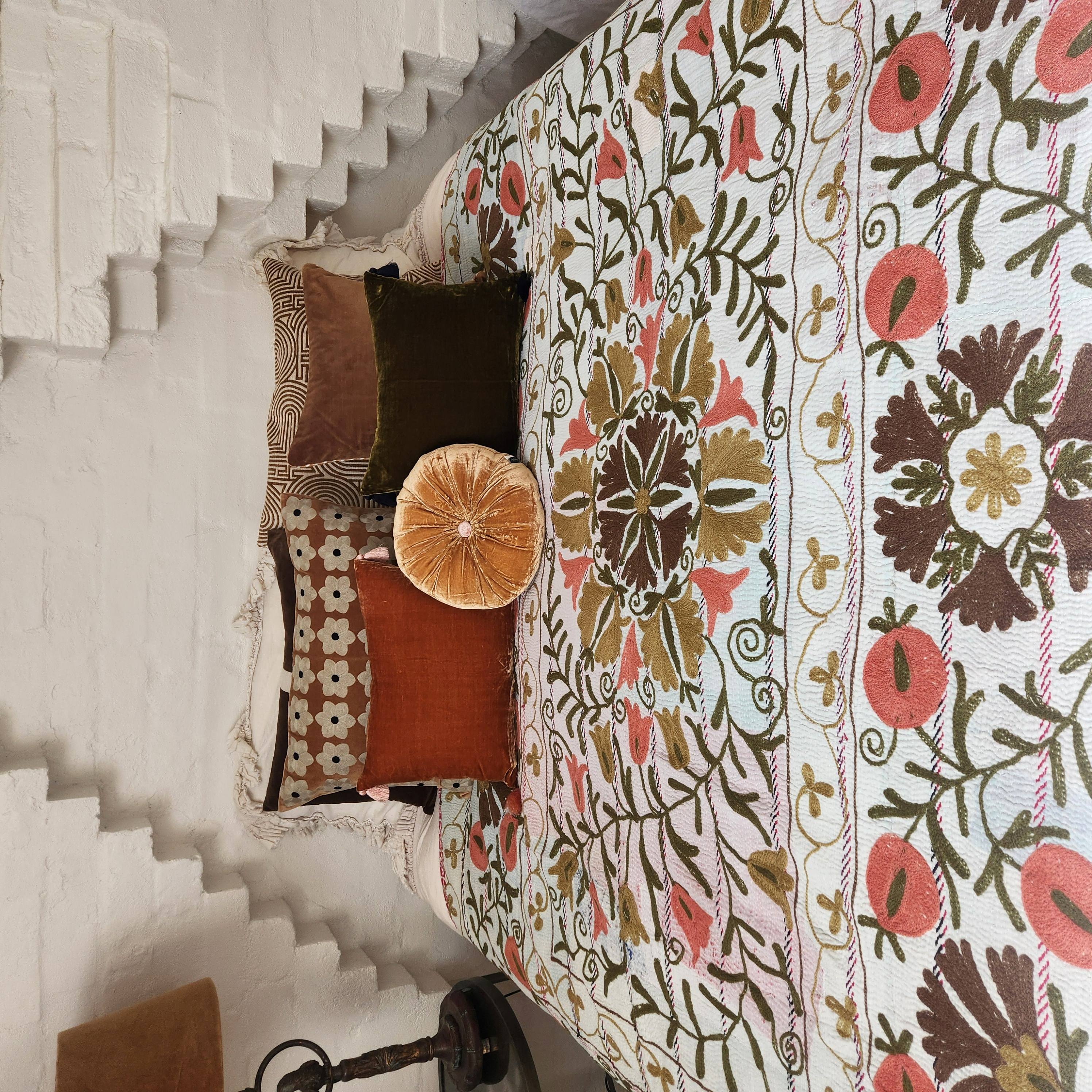Vintage Suzani Kantha Throw - Apricot, Olive, Ochre, Ice Blue