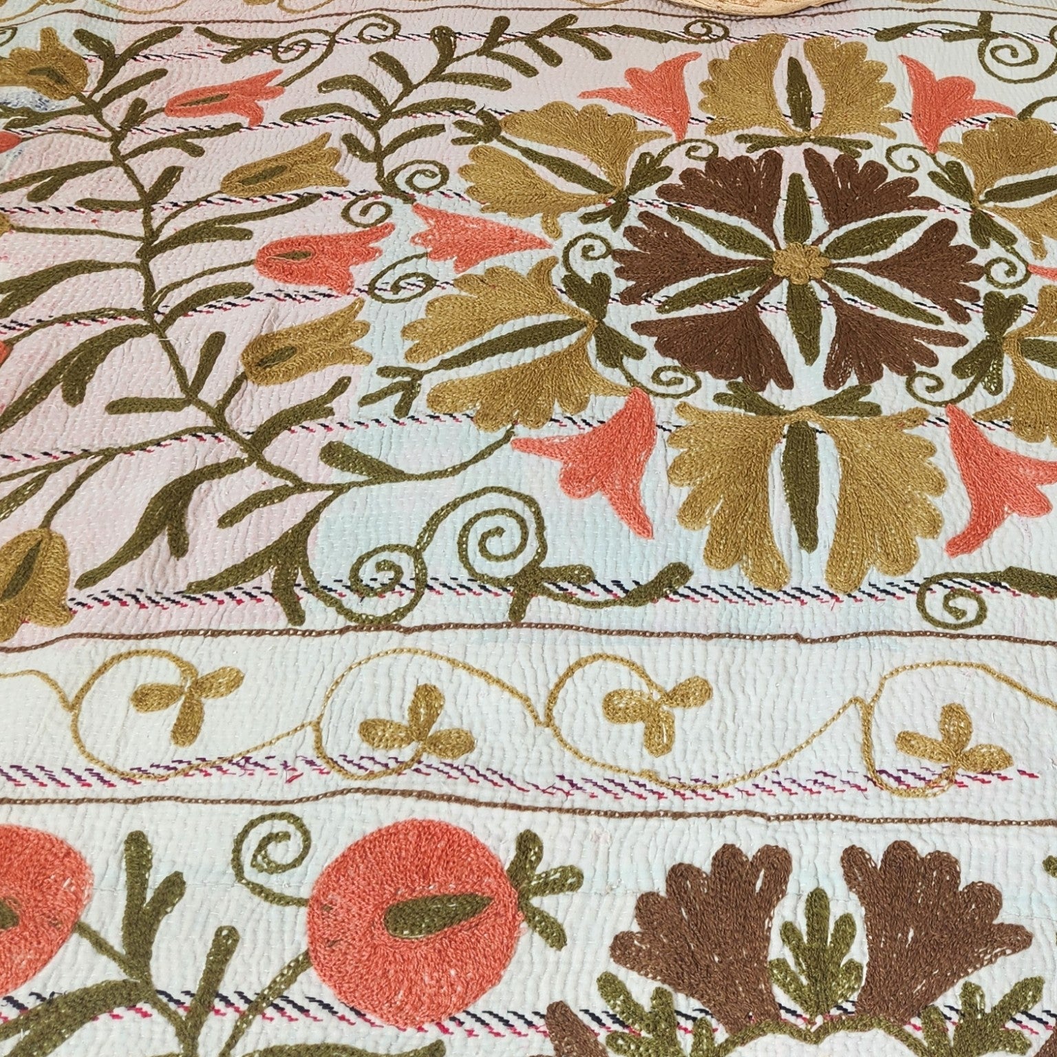 Vintage Suzani Kantha Throw - Apricot, Olive, Ochre, Ice Blue