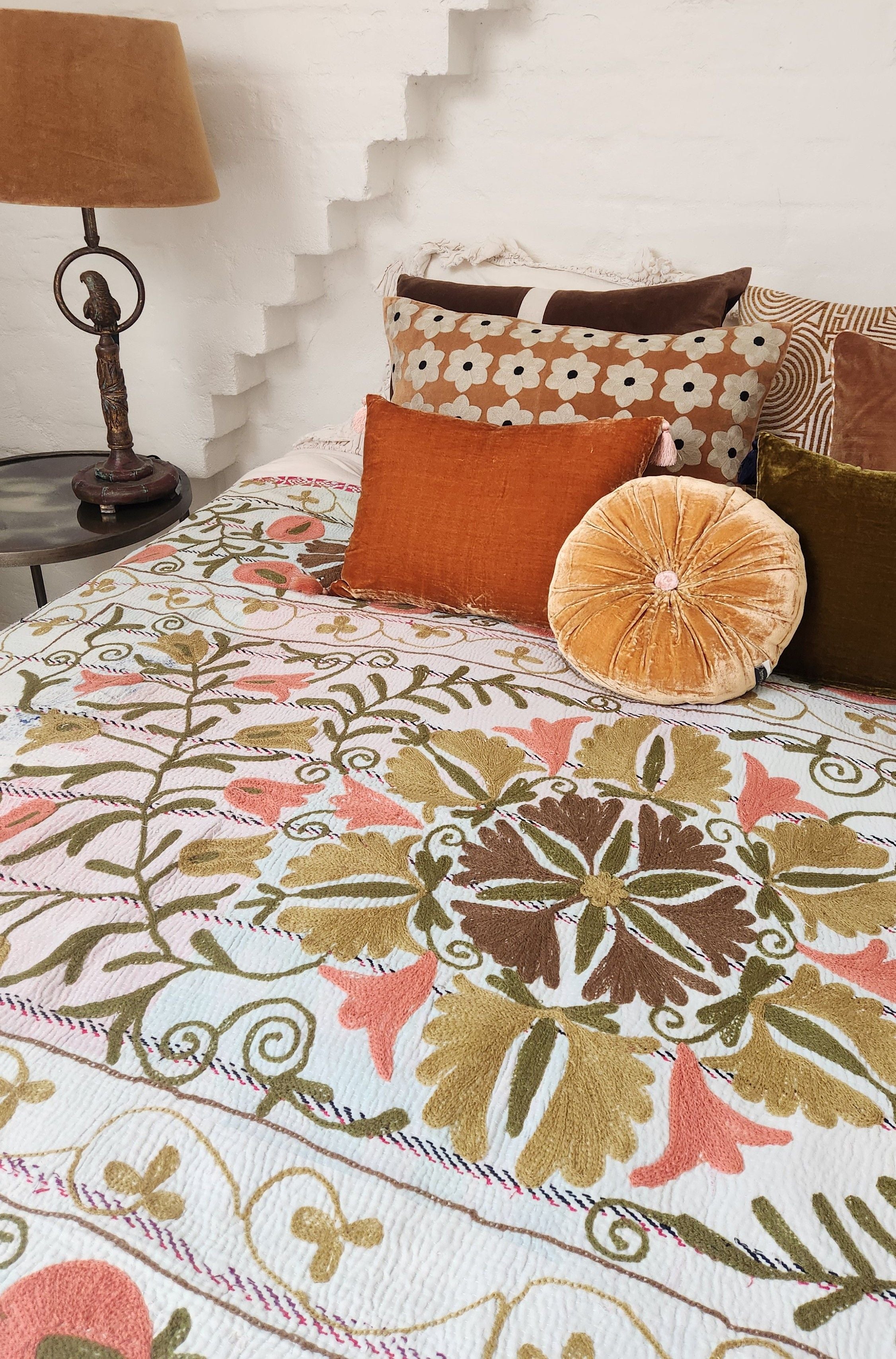 Vintage Suzani Kantha Throw - Apricot, Olive, Ochre, Ice Blue