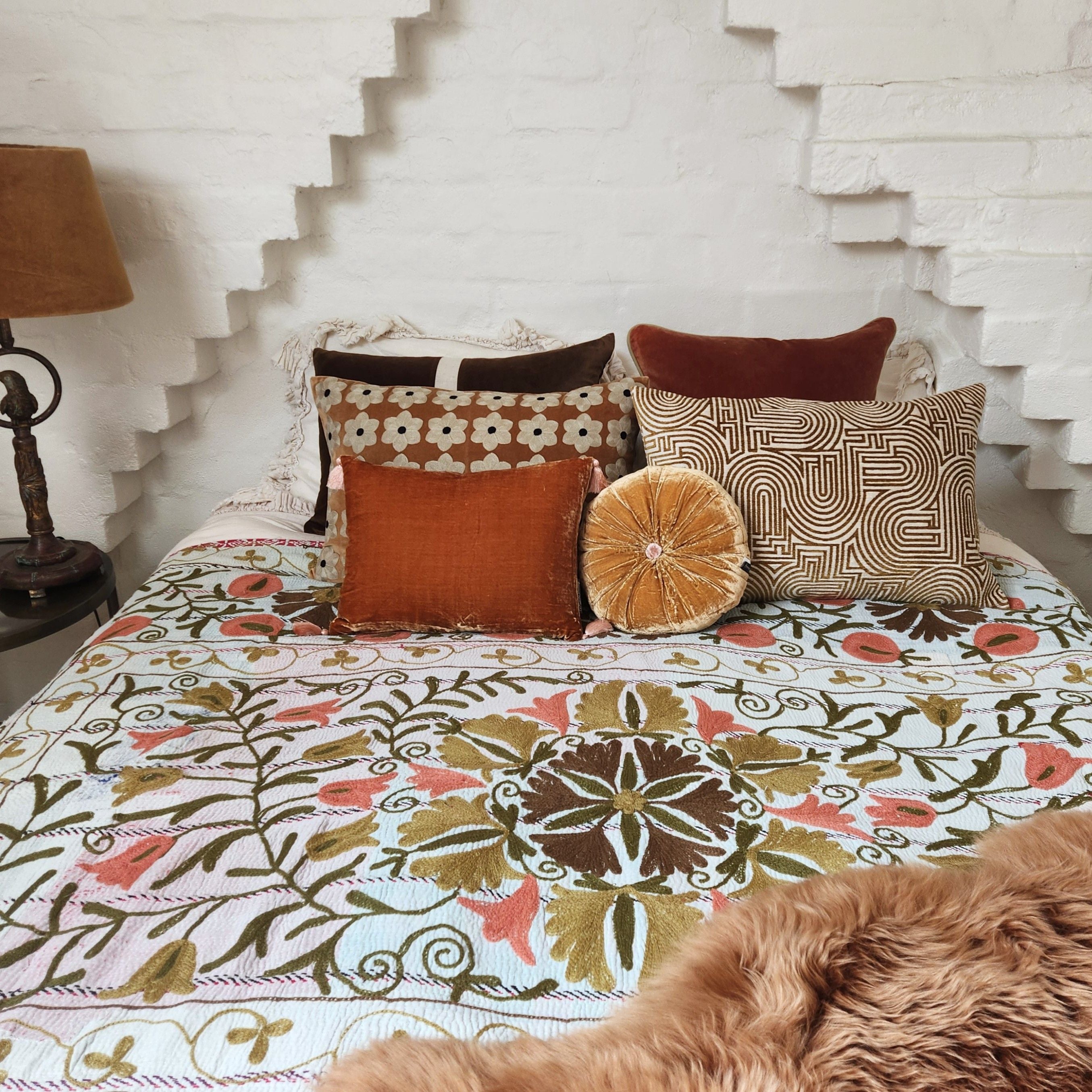 Vintage Suzani Kantha Throw - Apricot, Olive, Ochre, Ice Blue