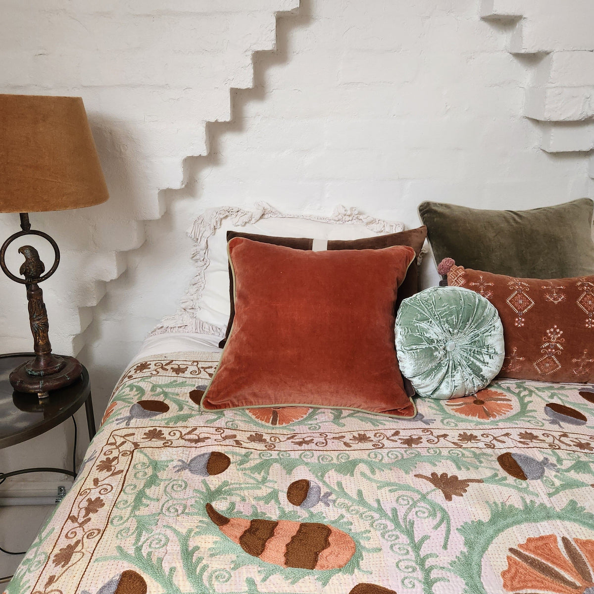 Vintage Suzani Kantha Throw - Apricot, Green, Ochre, Pale Pink & Lemon