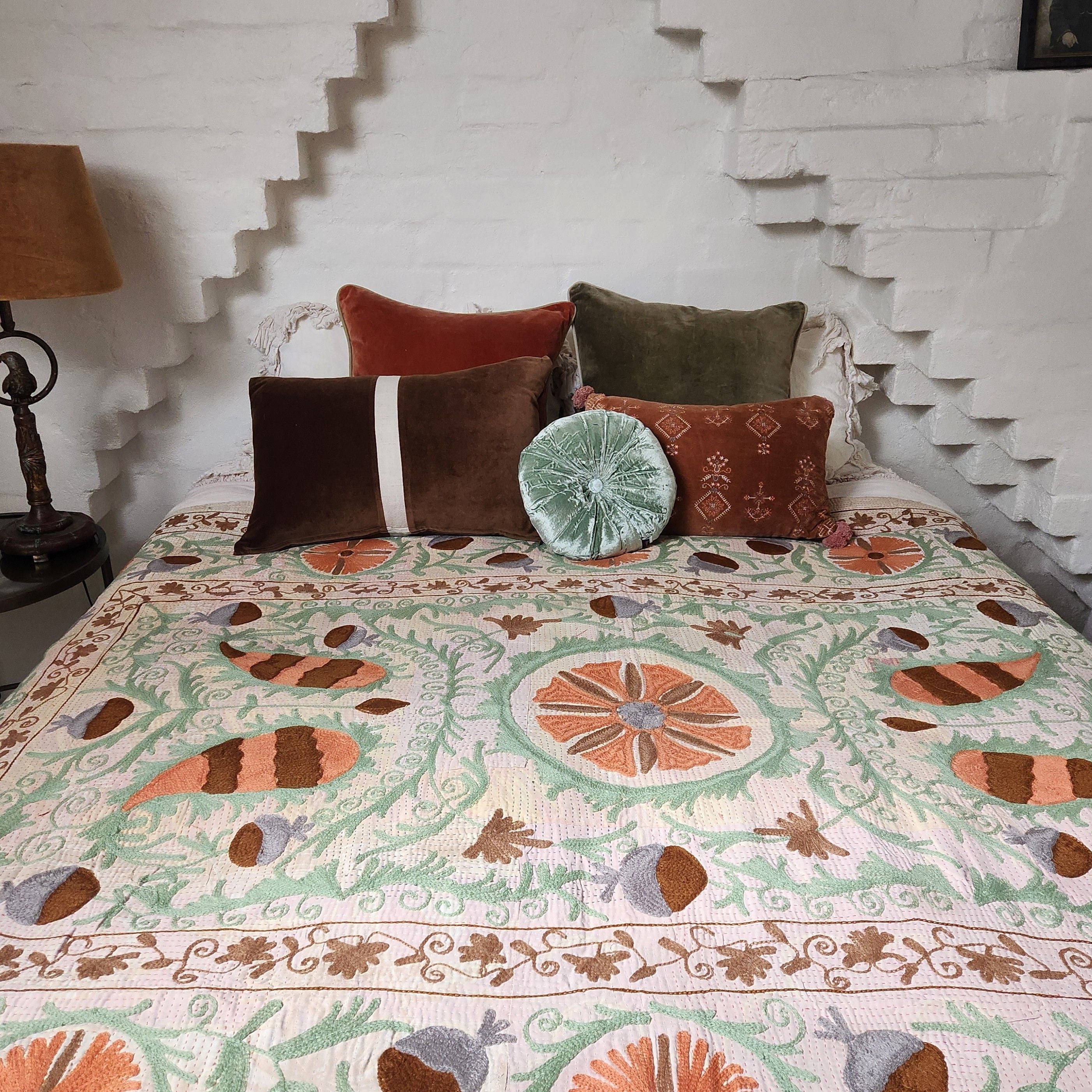 Vintage Suzani Kantha Throw - Apricot, Green, Ochre, Pale Pink & Lemon