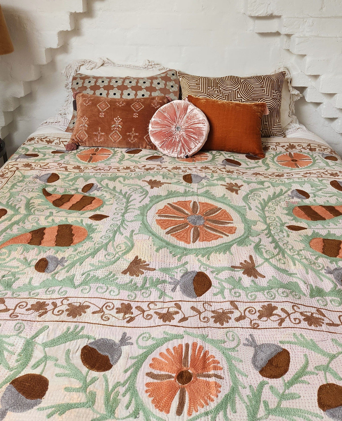 Vintage Suzani Kantha Throw - Apricot, Green, Ochre, Pale Pink & Lemon