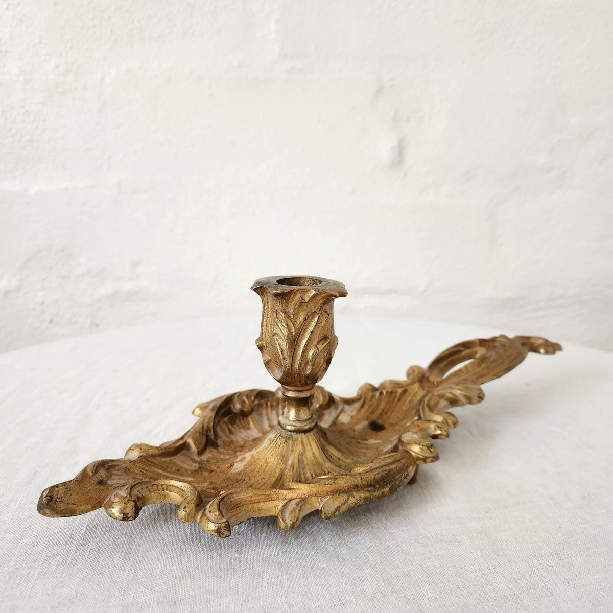 Antique French Classic Brass Chamber Candlestick with Ornate Scrolling
