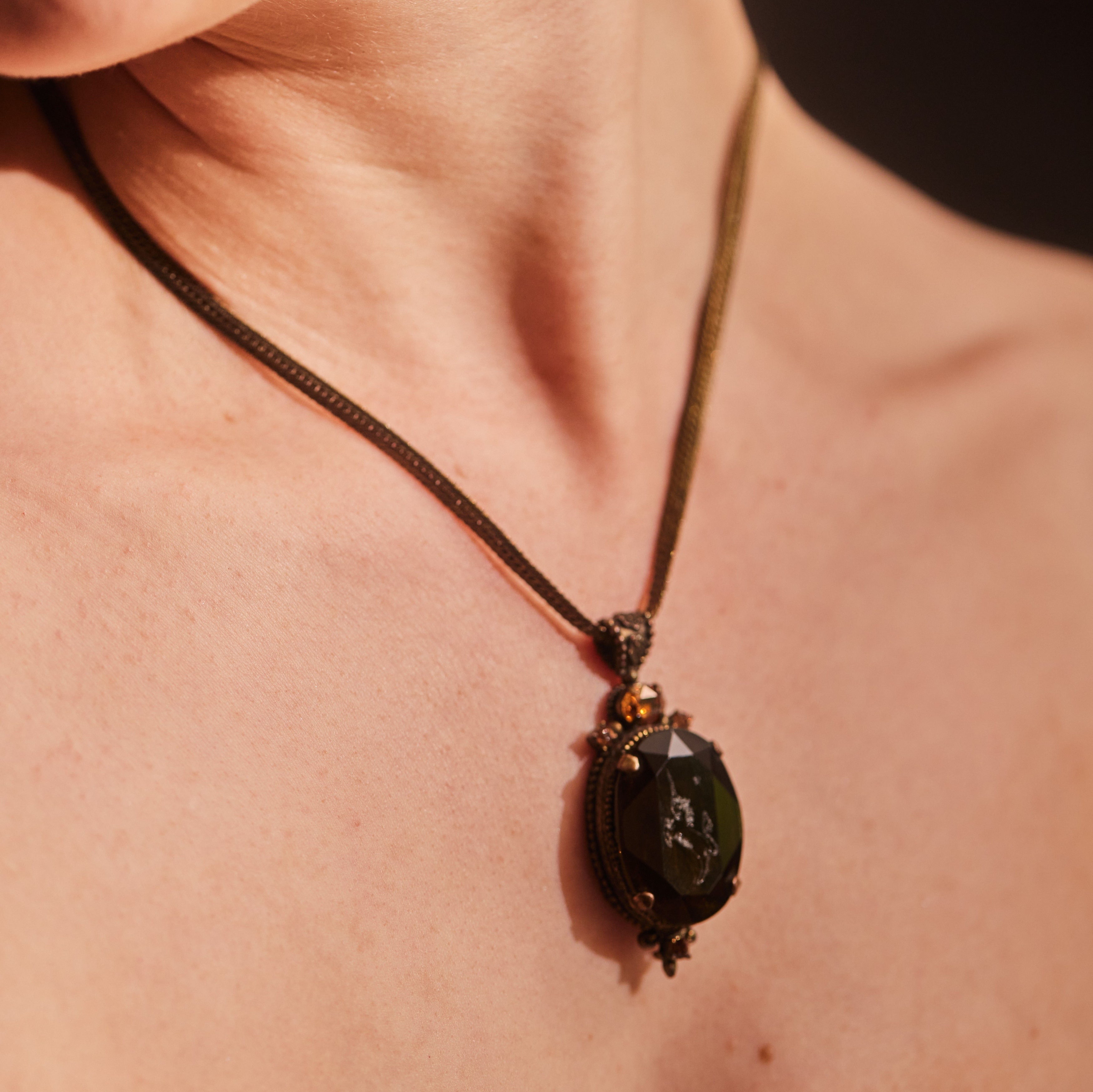 Vintage Bronzed Brass Chain with Smokey Quartz Pendant Etched  with a Unicorn.