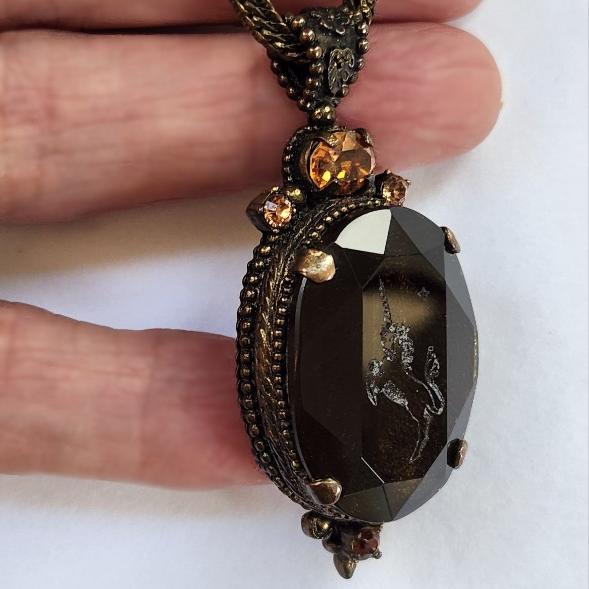 Vintage Bronzed Brass Chain with Smokey Quartz Pendant Etched  with a Unicorn.