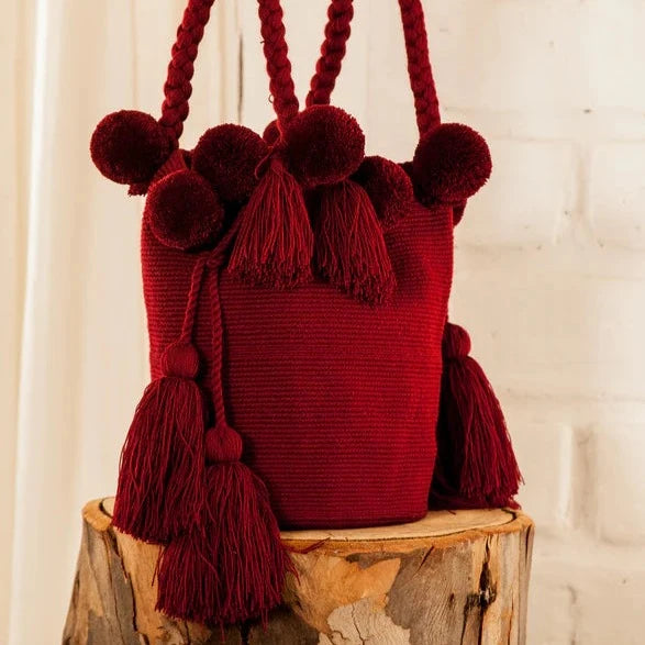 Wayuu Pom Pom Large Bag - Crimson Caufie