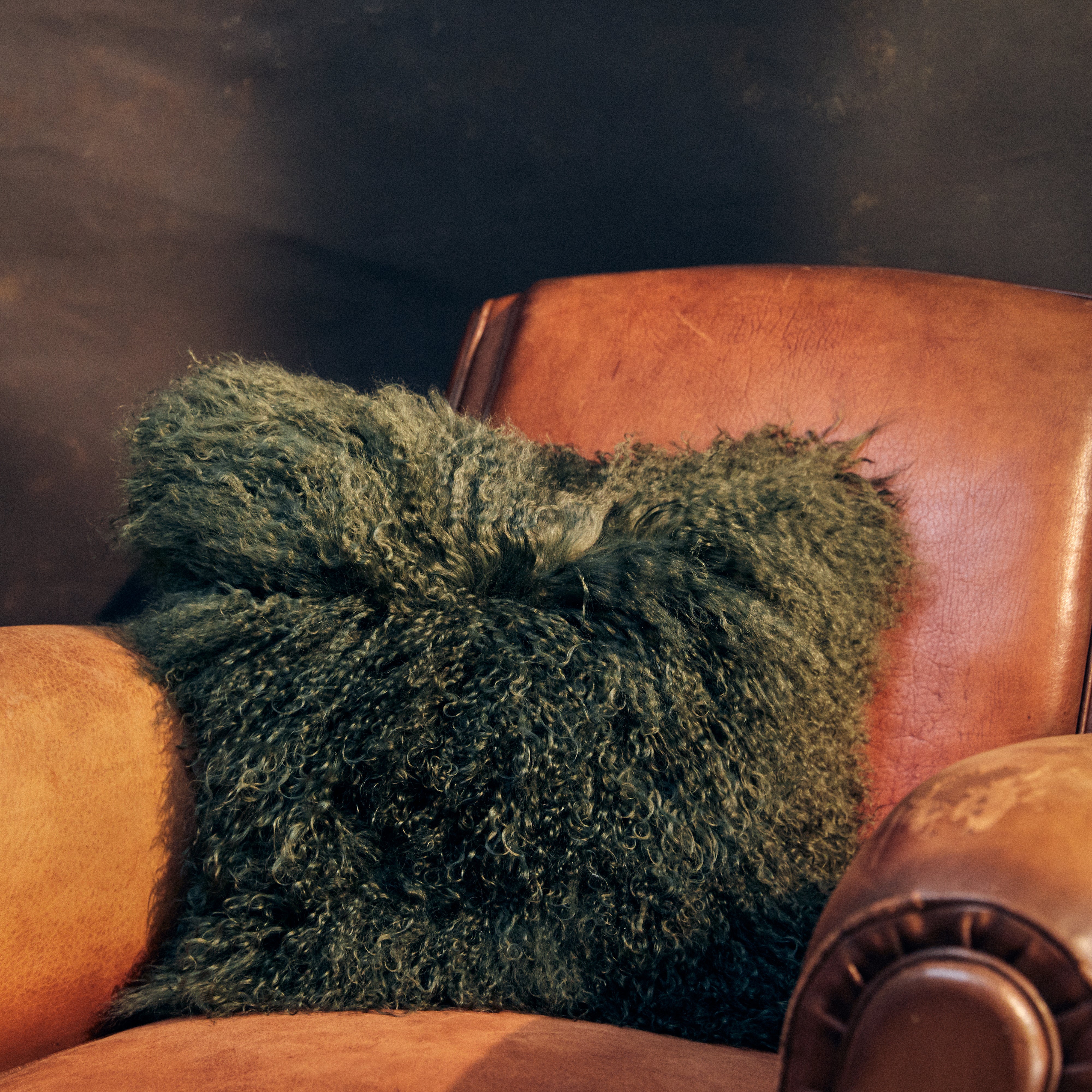 Mongolian Sheepskin Cushion - Olive