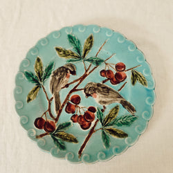 Antique French Majolica Plate - Birds & Cherries
