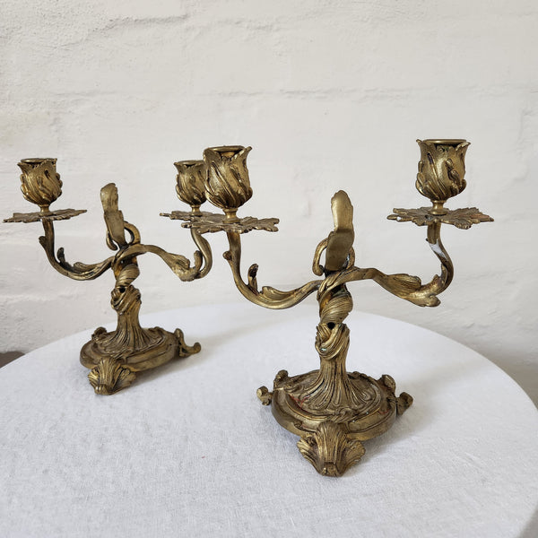 French Antique Brass Ormolu Candelabra Pair