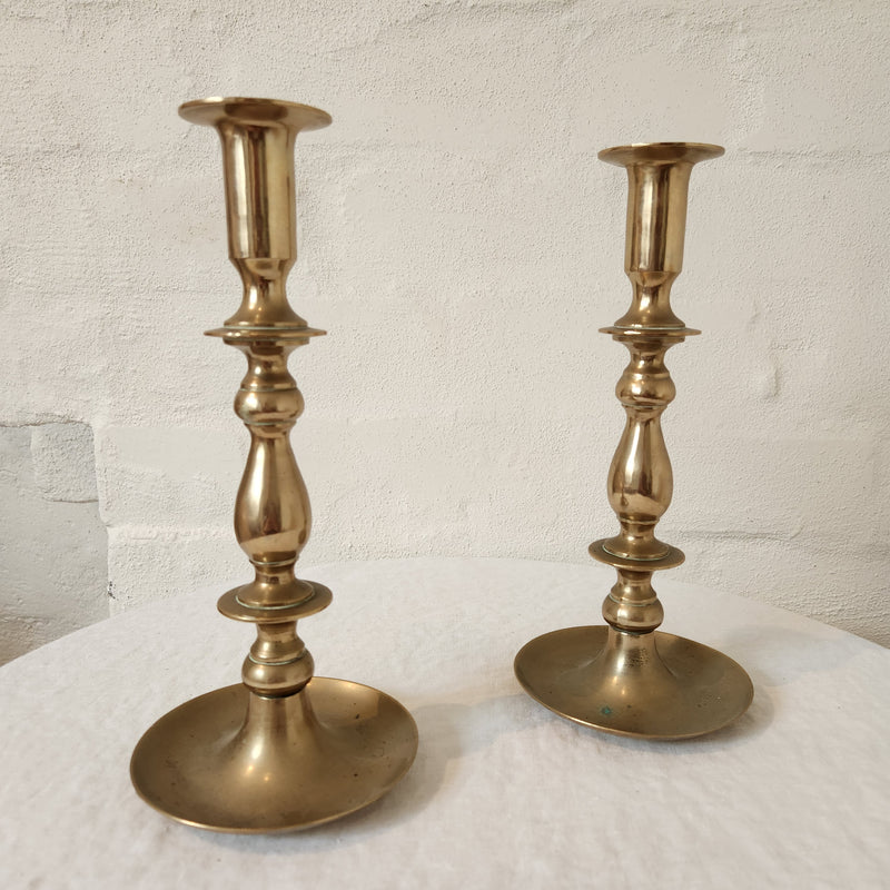 Antique Brass Candlestick Pair with Dish Base